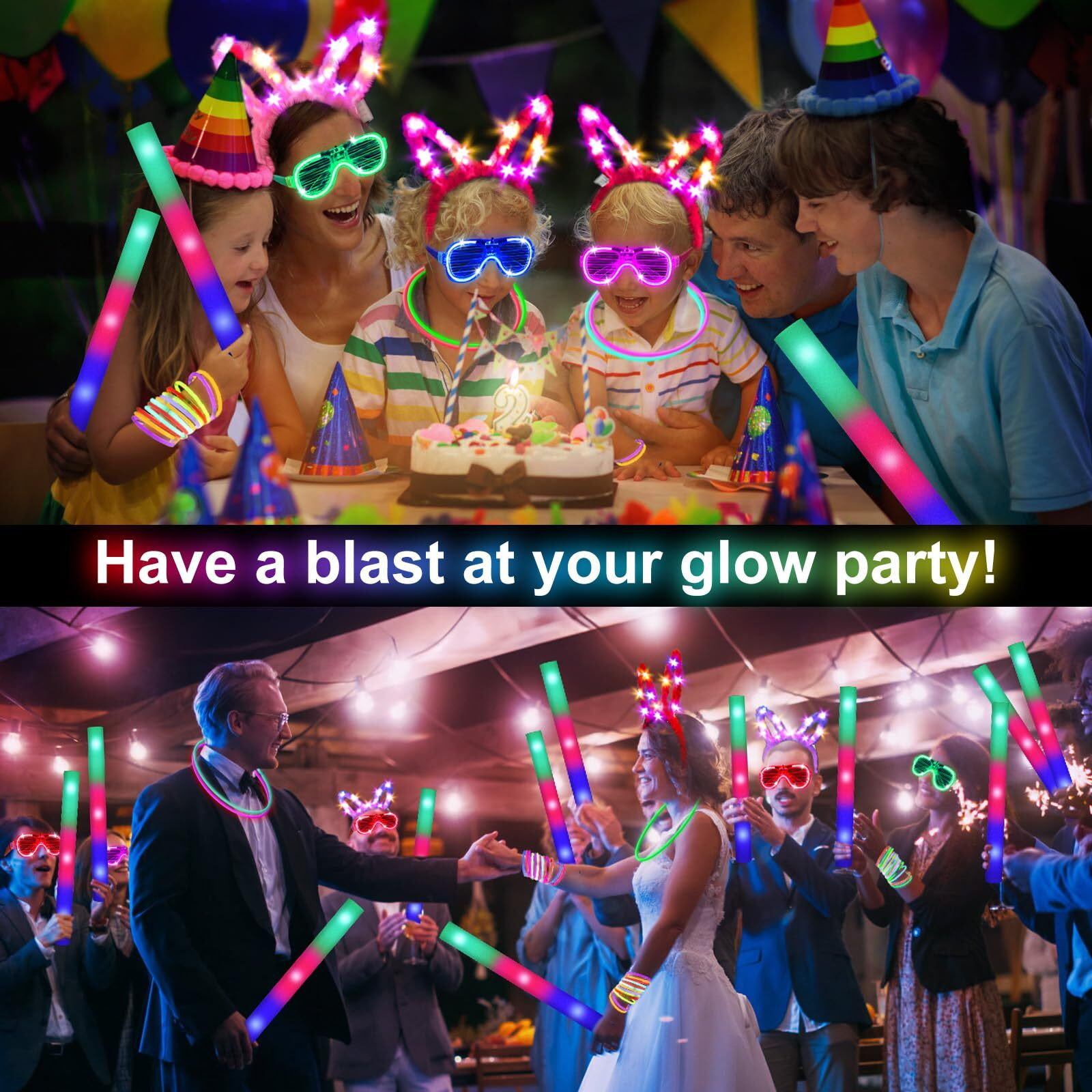 Shqdd136Pcs Glow In The Dark Party Supplies,Halloween Party Supplies, 12Pcs Foam Glow Sticks, 12Pcs Led Glasses, 12Pcs Bunny Ear Headband And 100Pcs Glow Sticks For Neon Party For Kids Or Adults