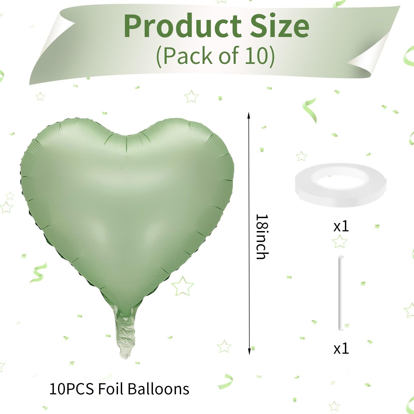 Sage Green Heart Balloon, 10Pcs Green Foil Heart Balloons, 18Inch Olive Green Heart Shape Balloons For Helium Birthday Party Decorations For Jungle Brithday Party, Valentines Day, Wedding, Anniversary