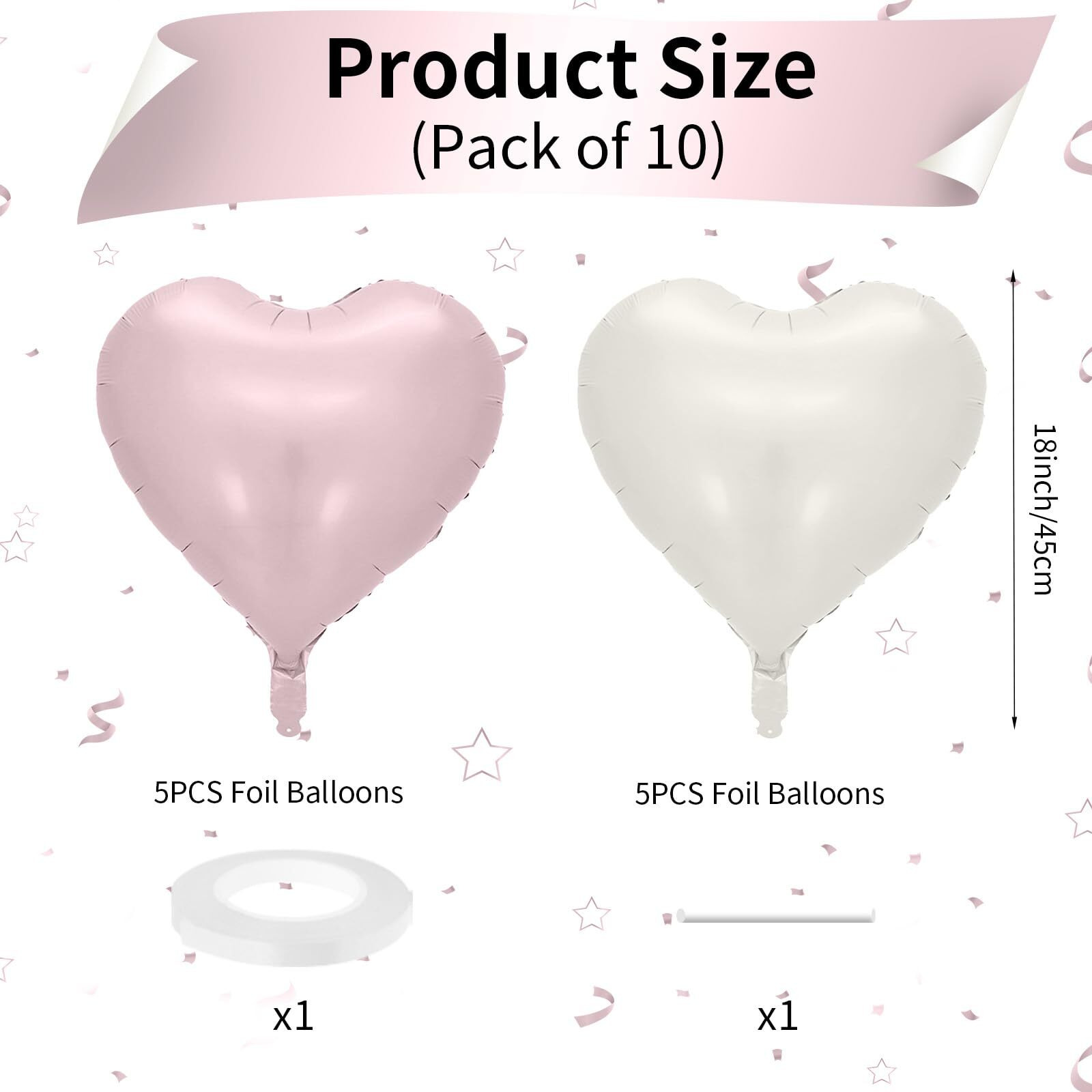 Baby Pink White Heart Balloons, 10Pcs Pink Cream White Foil Heart Balloons, 18Inch Pastel Pink Beige Heart Shape Balloons Nude Love Balloon For Girls Birthday Baby Shower Valentines Day Decorations