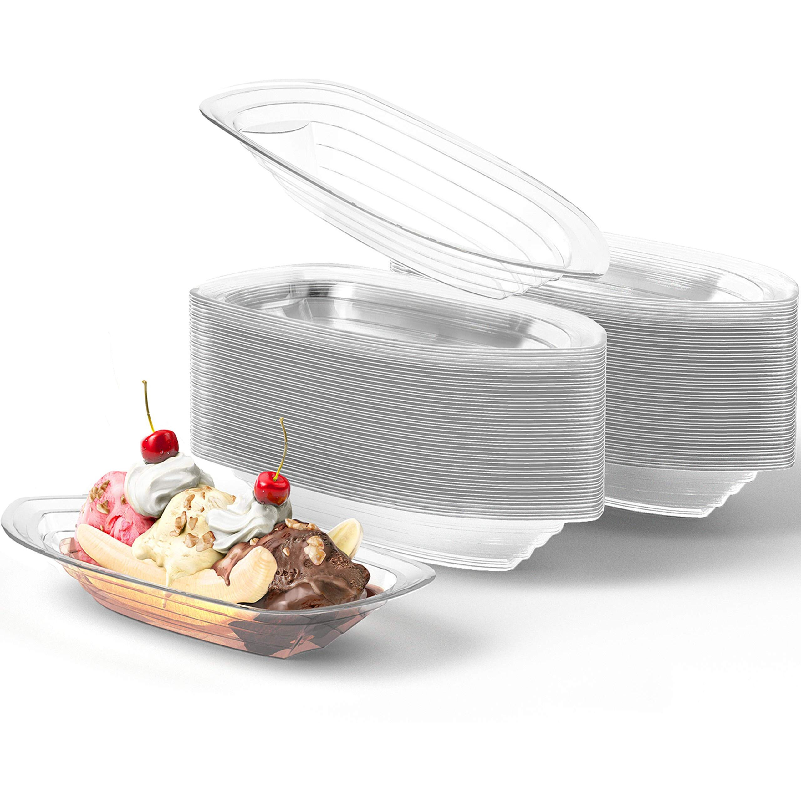 Super Fun Recyclable Banana Split Boats 100 Pack. Best Long 12 Oz Disposable Ice Cream Sundae Bowls. Perfect Plastic Sunday Cups For A Social Or Kids Birthday Party. Great Clear Boat For Carnival.