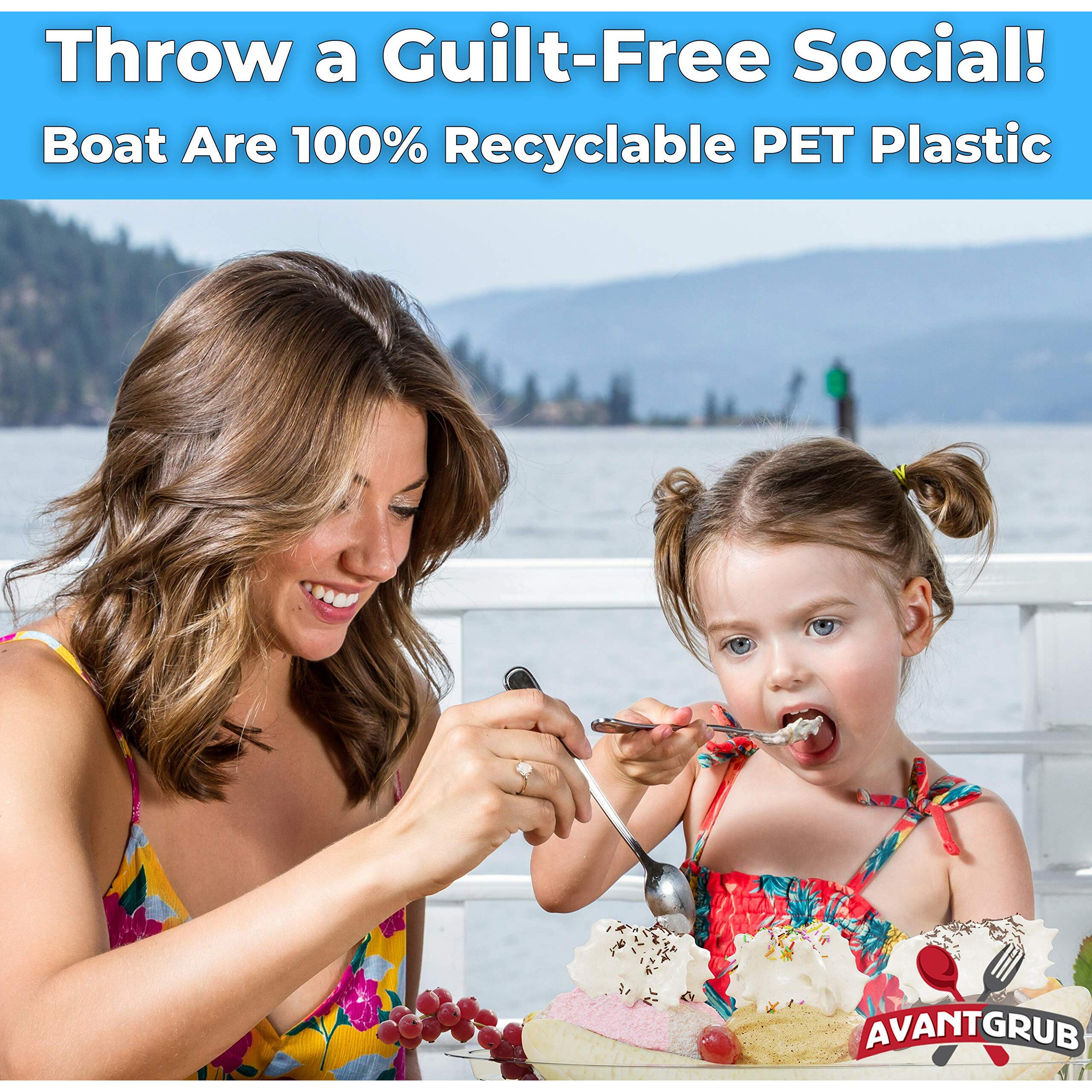 Super Fun Recyclable Banana Split Boats 100 Pack. Best Long 12 Oz Disposable Ice Cream Sundae Bowls. Perfect Plastic Sunday Cups For A Social Or Kids Birthday Party. Great Clear Boat For Carnival.
