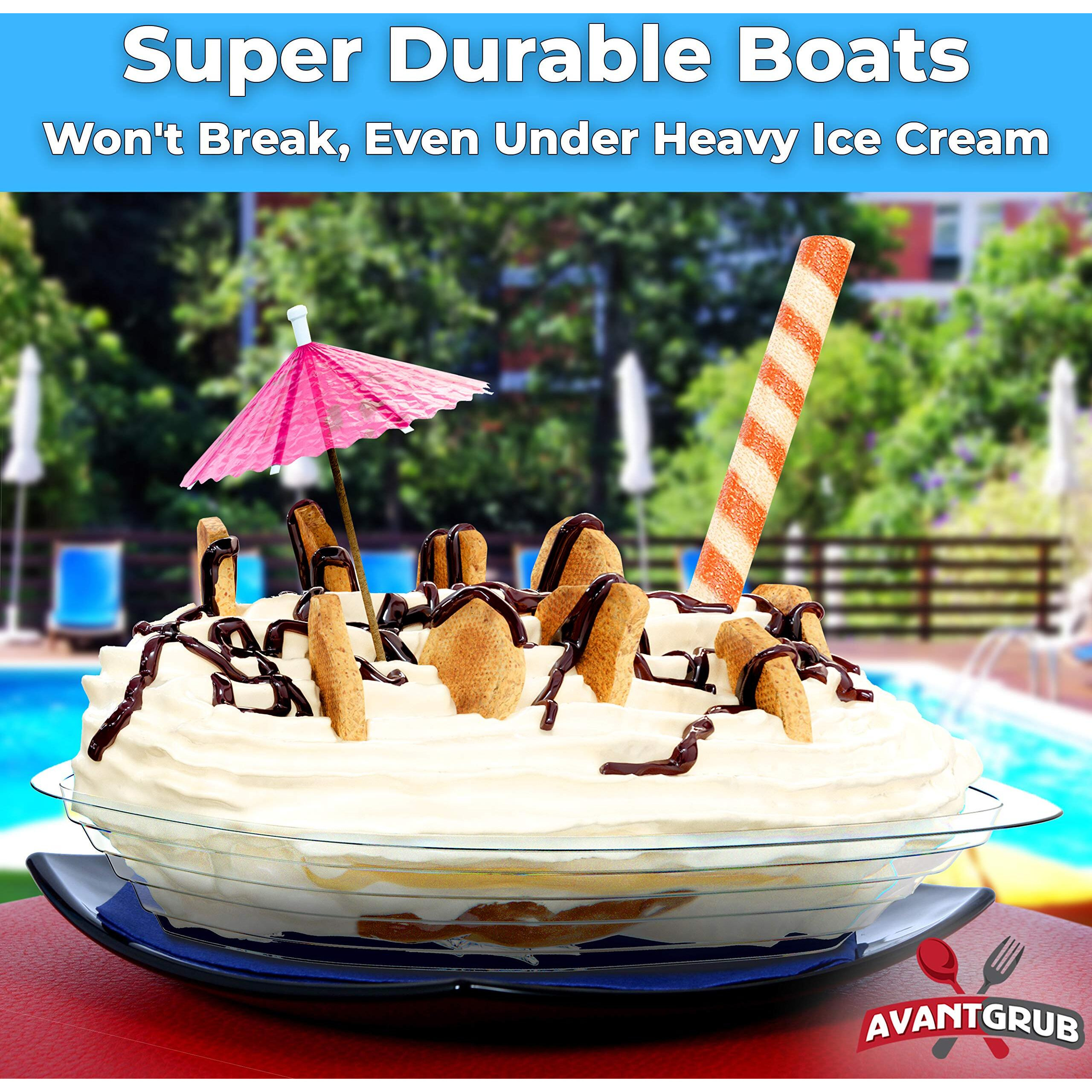 Super Fun Recyclable Banana Split Boats 100 Pack. Best Long 12 Oz Disposable Ice Cream Sundae Bowls. Perfect Plastic Sunday Cups For A Social Or Kids Birthday Party. Great Clear Boat For Carnival.