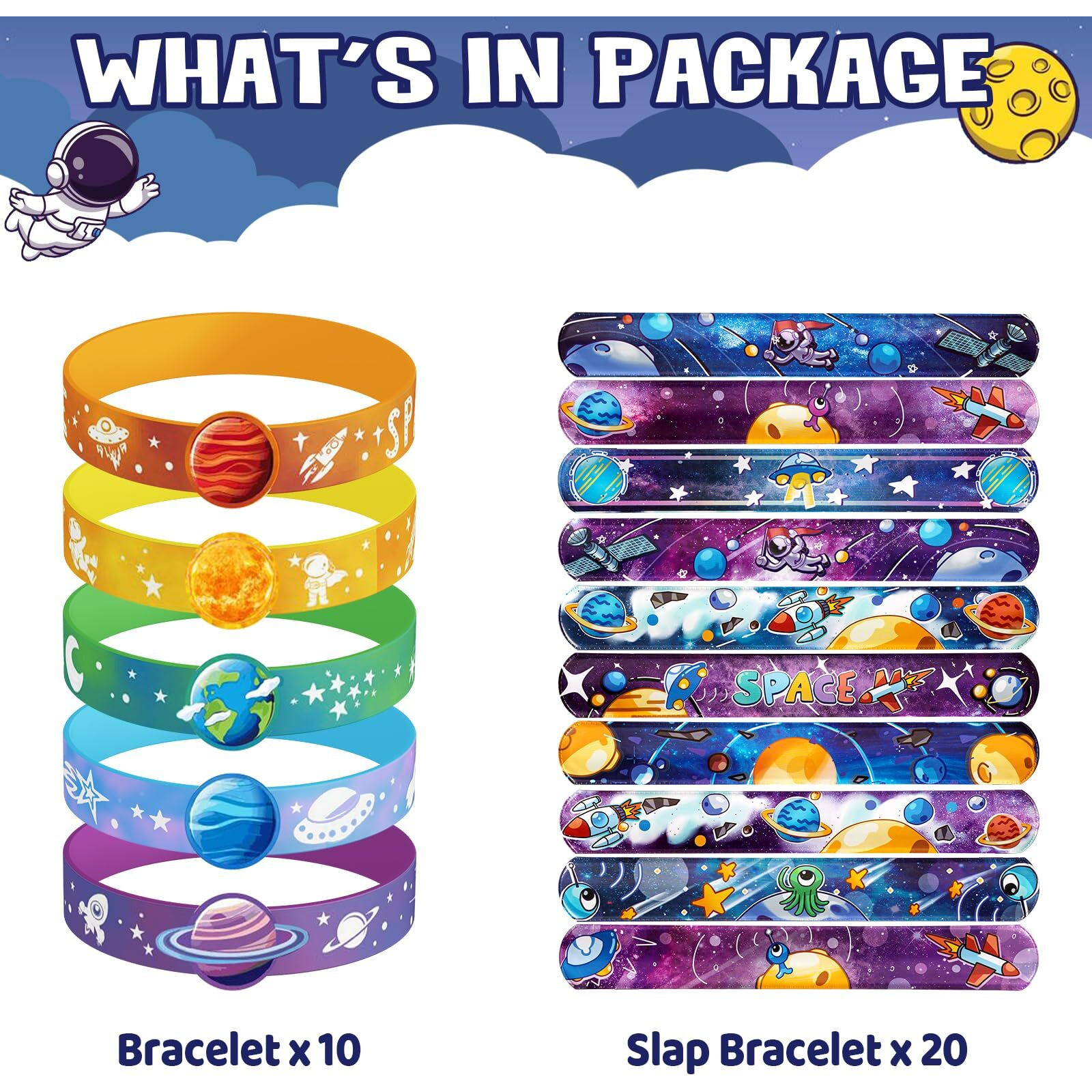 Dmight Space Party Favors, 30 Pcs Outer Space Themed Birthday Decorations, 10 Silicone Bracelet, 20 Slap Bracelet For Astronaut Kids Birthday Gift