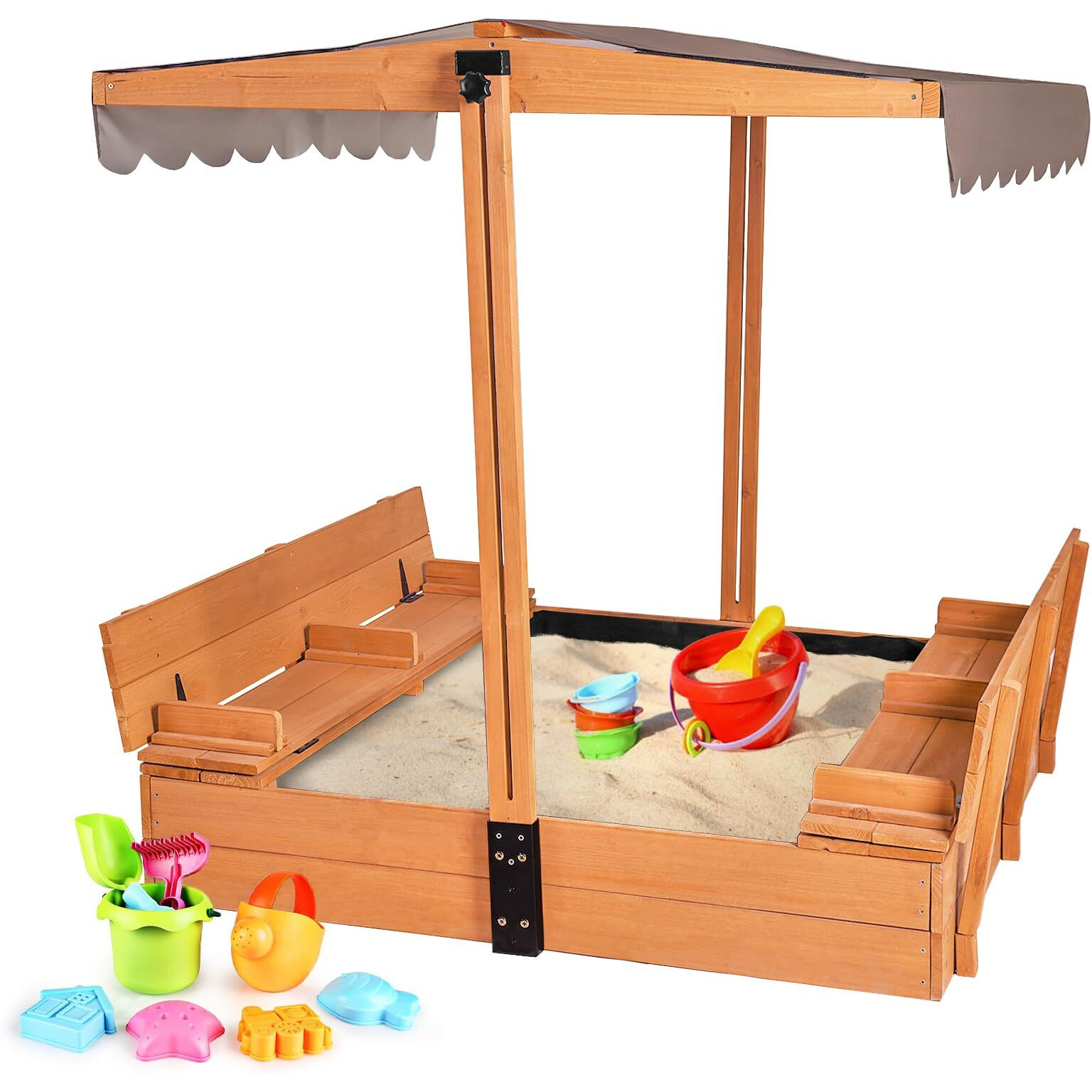 Aivituvin Kids Sand Boxes With Canopy Sandboxes With Covers Foldable Bench Seats, Children Outdoor Wooden Playset - Upgrade Retractable Roof (47X47Inch)