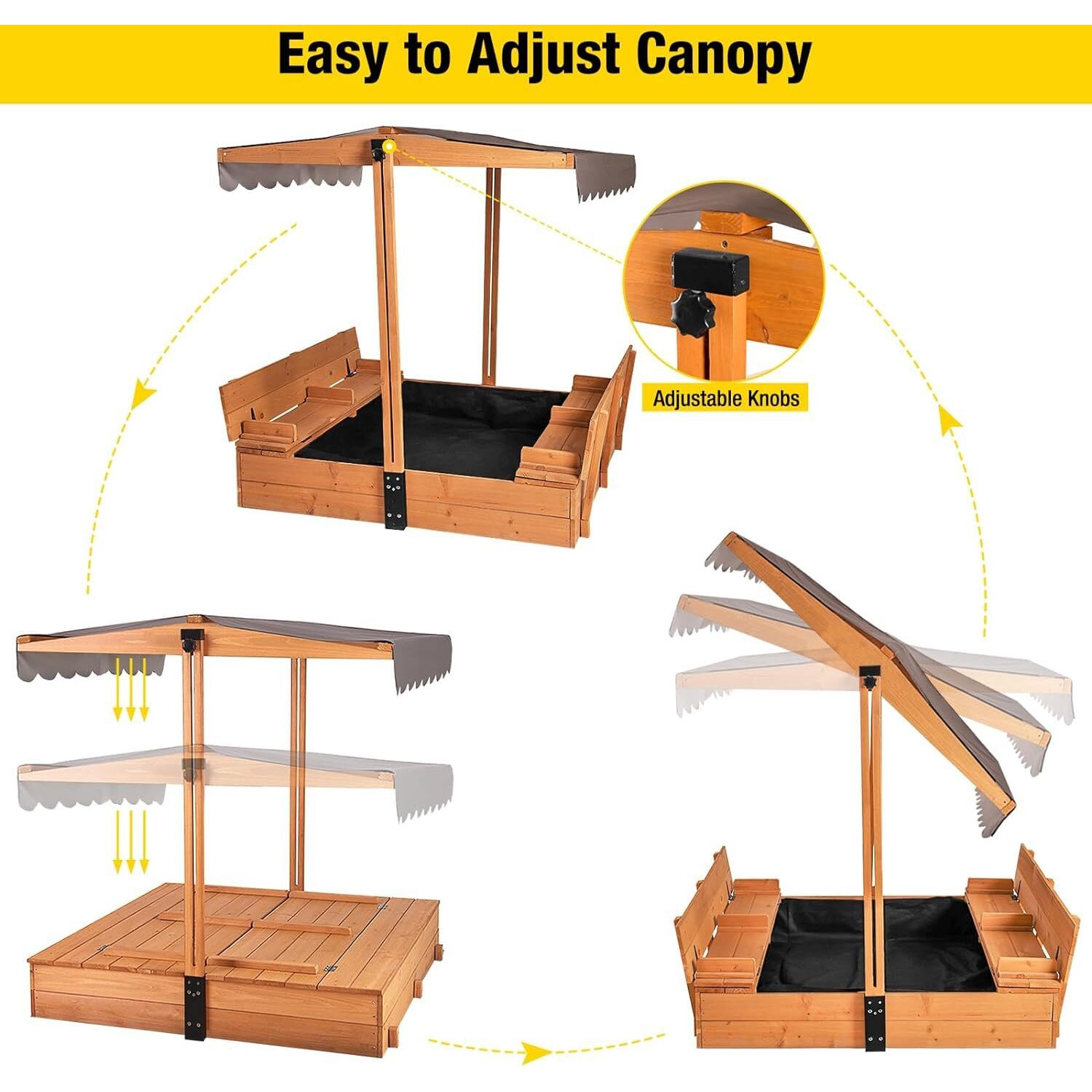 Aivituvin Kids Sand Boxes With Canopy Sandboxes With Covers Foldable Bench Seats, Children Outdoor Wooden Playset - Upgrade Retractable Roof (47X47Inch)