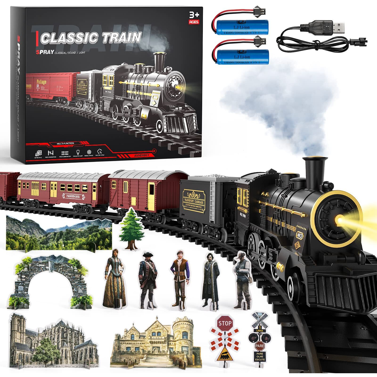 Temi Train Set For Kids 3-12 Years, Electric Classical Steam Engine Locomotive With Steam, Light And Sounds, Rechargeable Model Trains Kit Toys W/Passenger Carriage For Boys And Girls