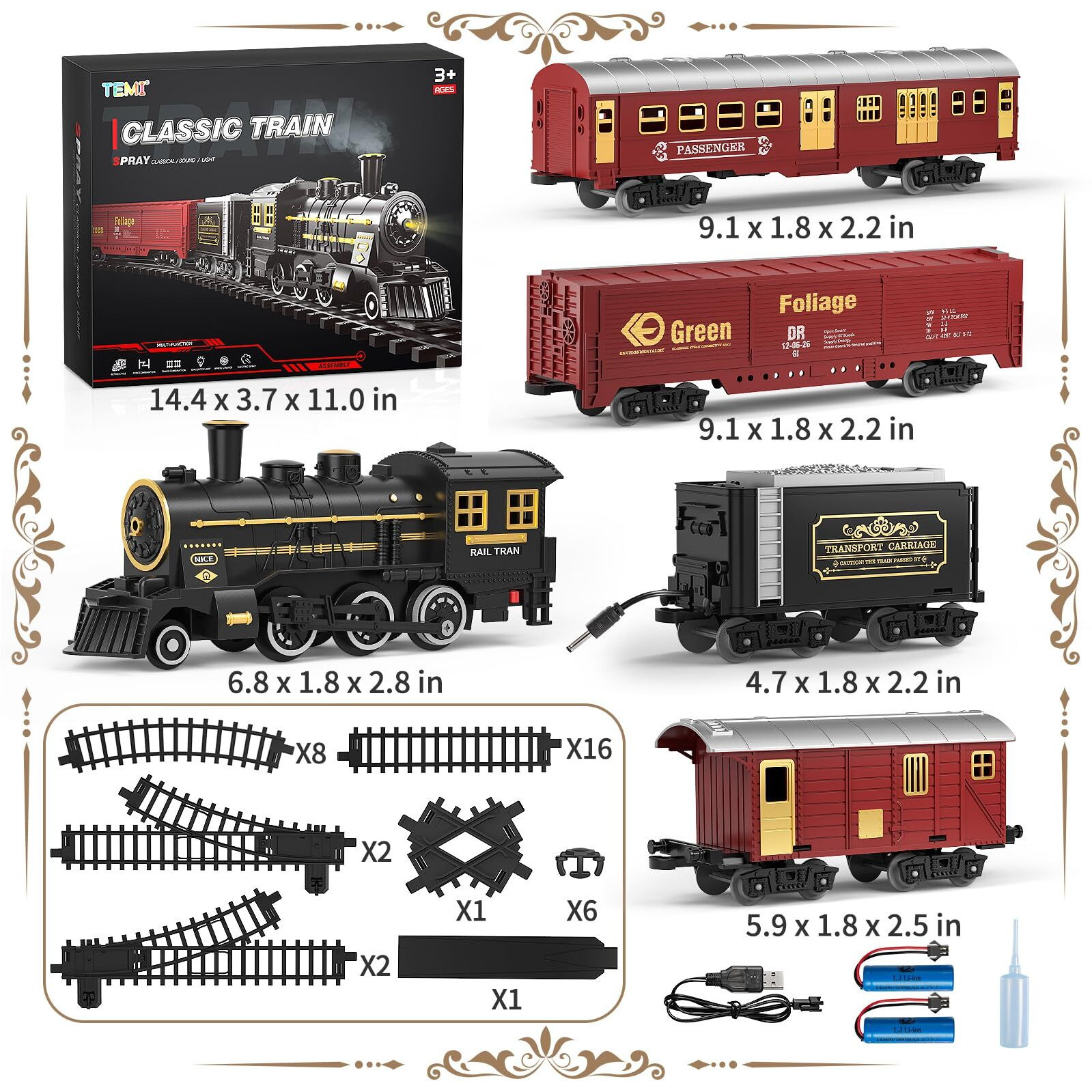 Temi Train Set For Kids 3-12 Years, Electric Classical Steam Engine Locomotive With Steam, Light And Sounds, Rechargeable Model Trains Kit Toys W/Passenger Carriage For Boys And Girls