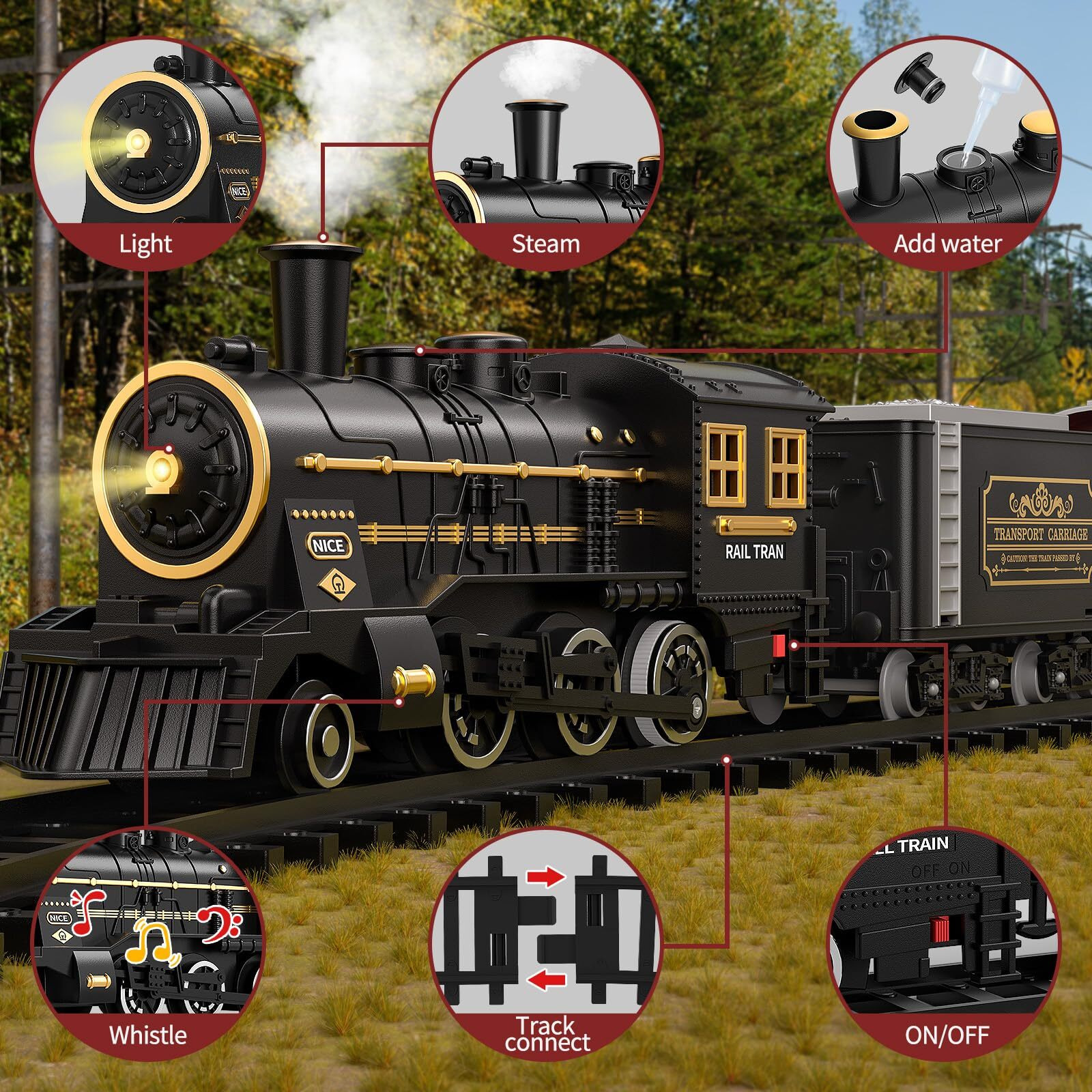 Temi Train Set For Kids 3-12 Years, Electric Classical Steam Engine Locomotive With Steam, Light And Sounds, Rechargeable Model Trains Kit Toys W/Passenger Carriage For Boys And Girls