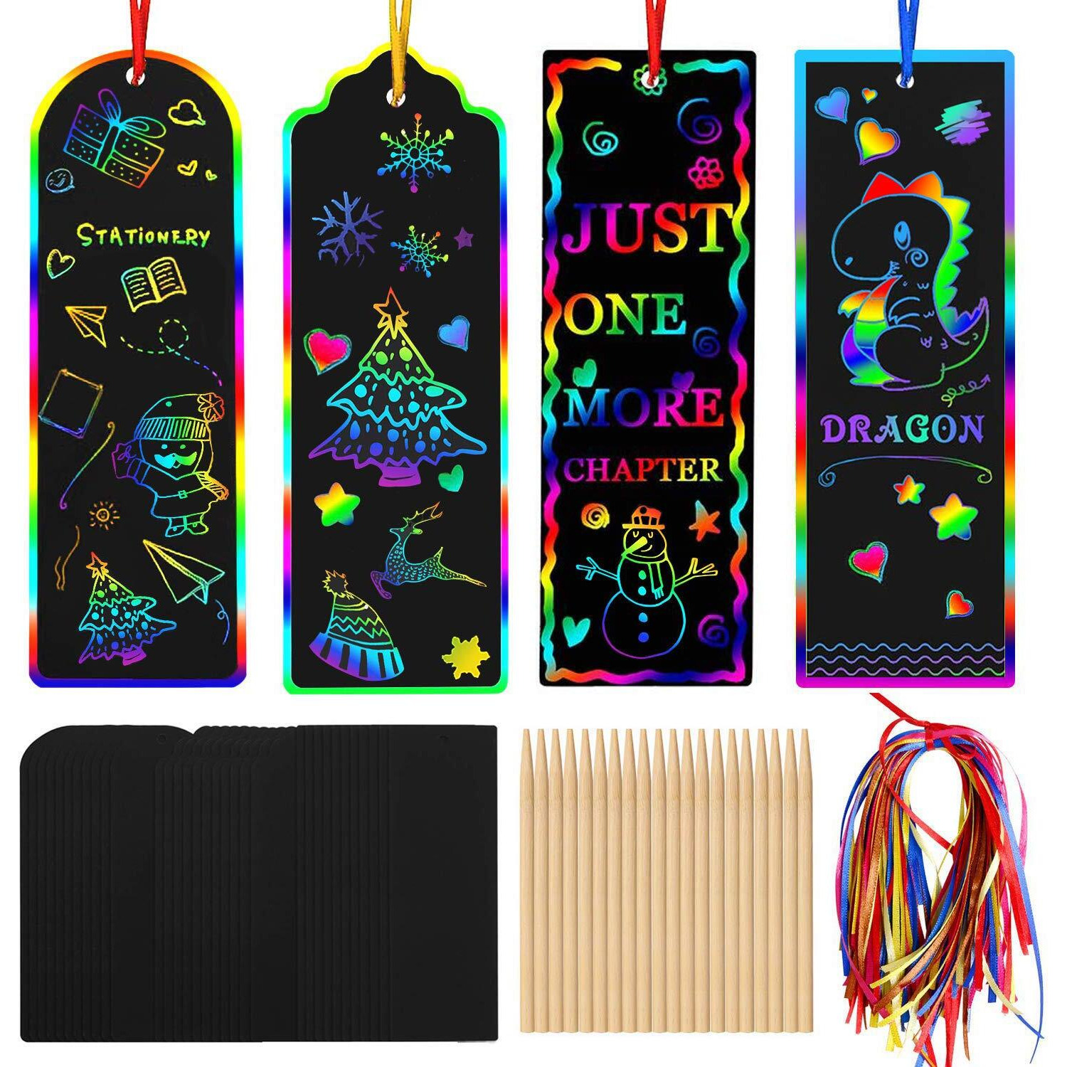 Augsun 96 Set Magic Scratch Rainbow Bookmarks Making Kit For Kids Students Christmas Party Favor Scratch Paper Diy Bookmarks Bulk With Bamboo Stylus (Regular)