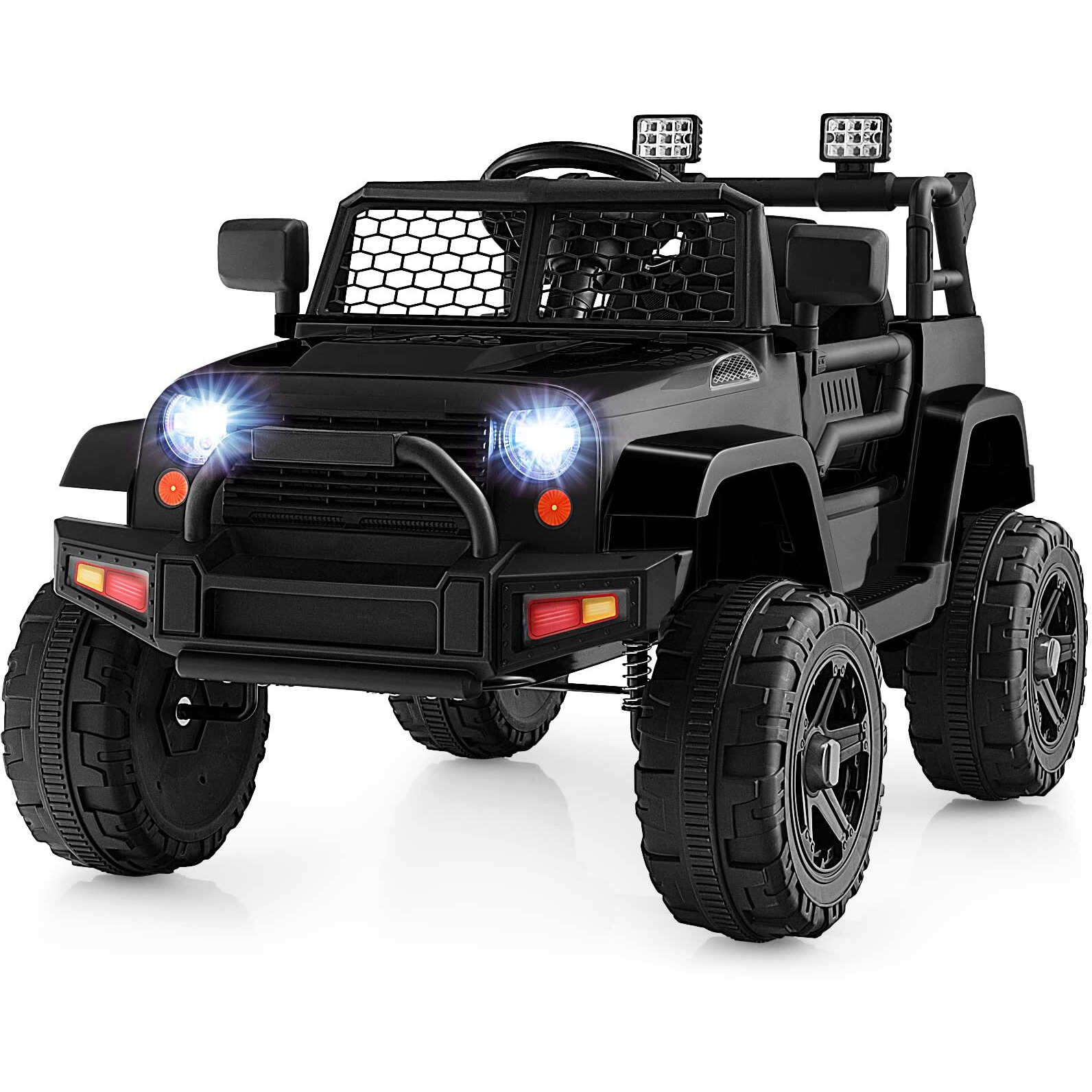 Honey Joy Ride On Truck, 12V Battery Powered Vehicle Ride On Car With Remote Control, Spring Suspension, Headlights, Music, Mesh Windshield, Electric Cars For Kids, Gift For Boys Girls 3+ (Black)