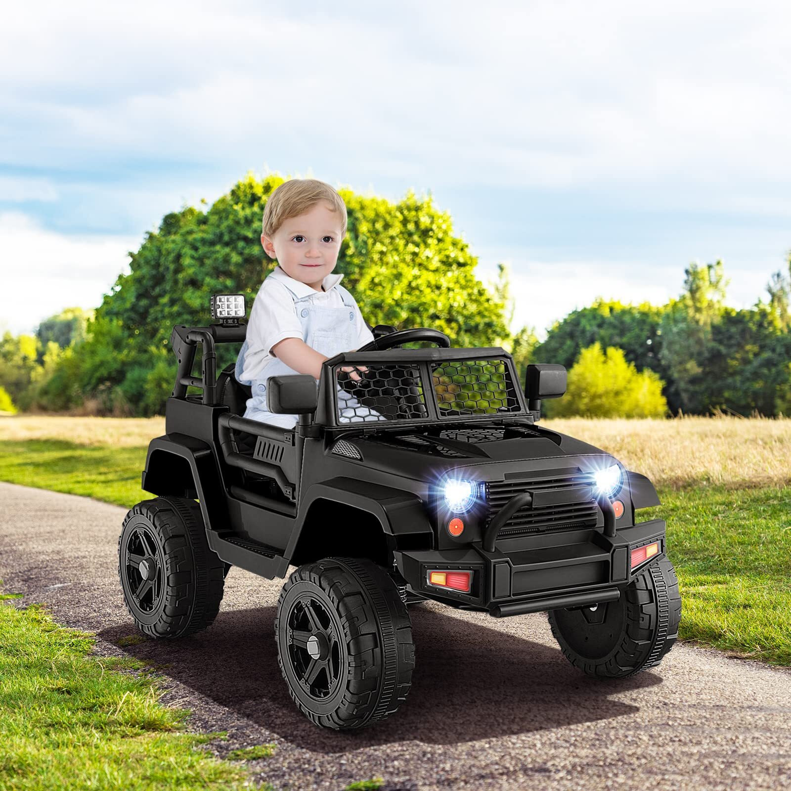 Honey Joy Ride On Truck, 12V Battery Powered Vehicle Ride On Car With Remote Control, Spring Suspension, Headlights, Music, Mesh Windshield, Electric Cars For Kids, Gift For Boys Girls 3+ (Black)
