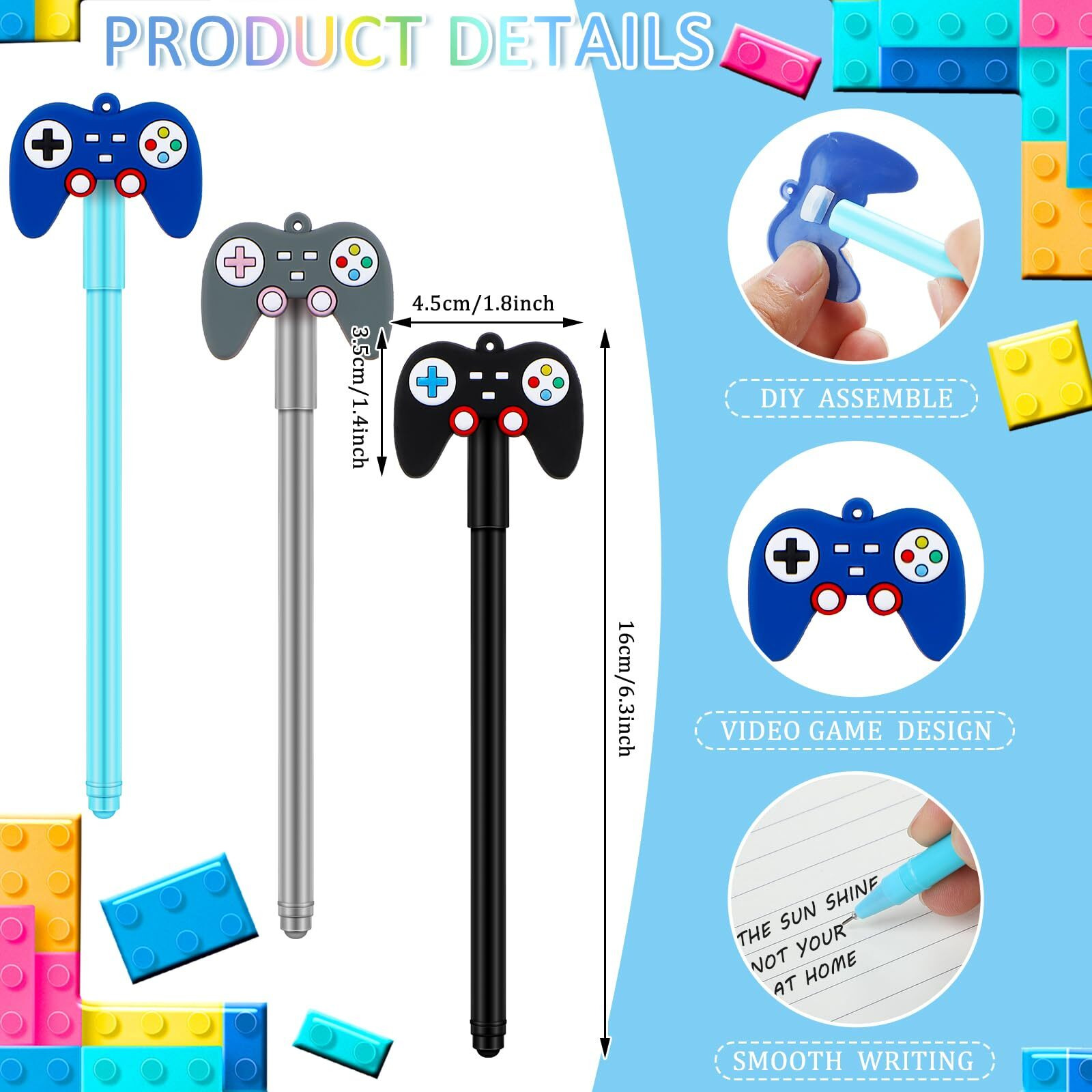 Tinlade 24 Pcs Video Game Pens Gamer Party Favors Themed Gaming Birthday Party Favor Gift Pen Controller Ink Kids Pens For Boys Classroom Prizes (Black,Blue,Gray)
