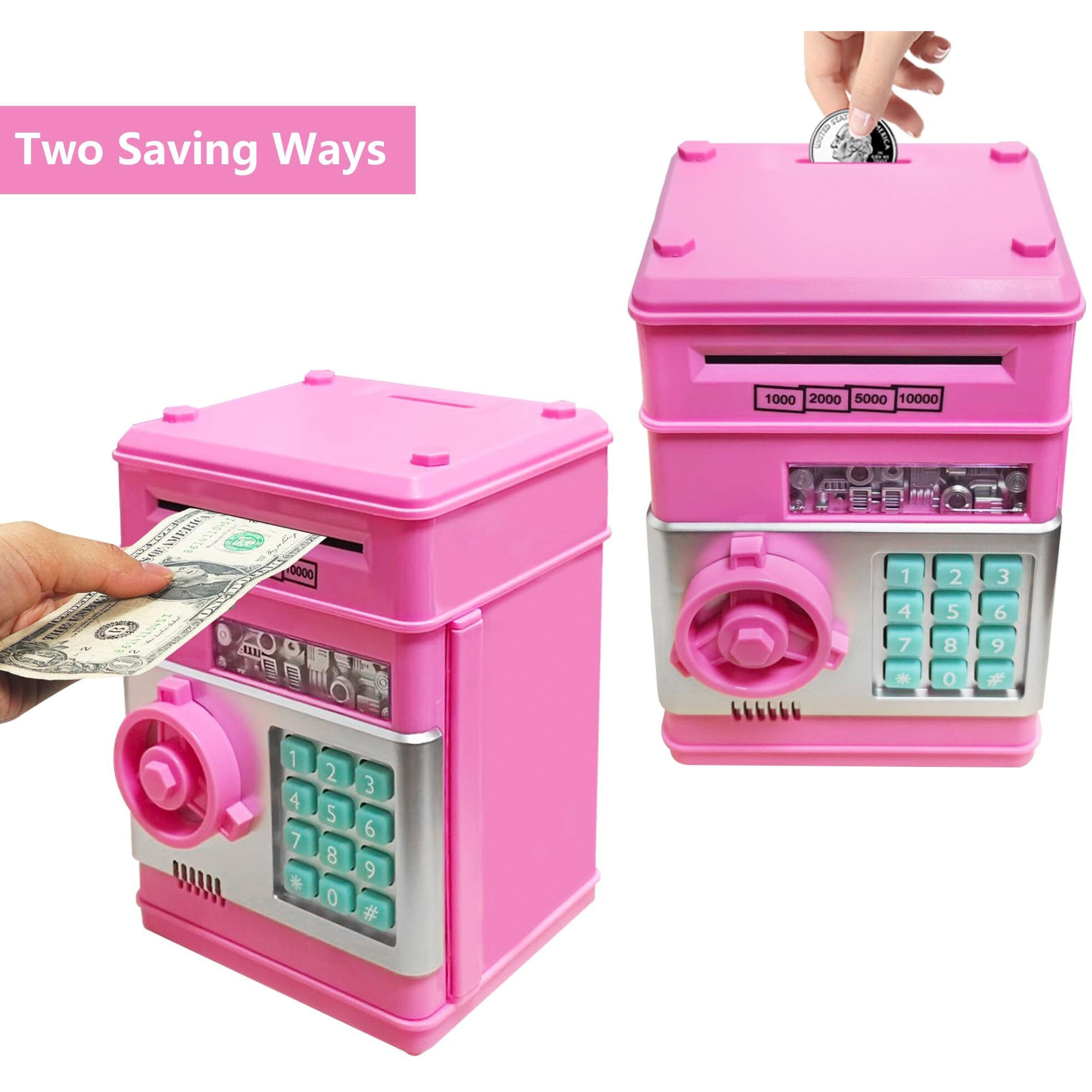 Suliper Electronic Piggy Bank Code Lock For Kids Baby Toy, Mini Atm Safe Coin Cash Banks Real Money Saving Box With Password, Auto Money Scroll For Children,Boys Girls Birthday Gift (Deep Pink)