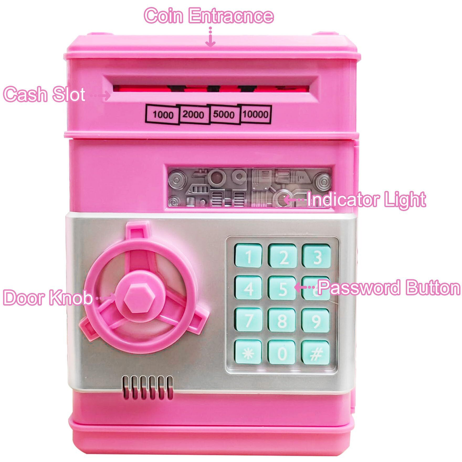 Suliper Electronic Piggy Bank Code Lock For Kids Baby Toy, Mini Atm Safe Coin Cash Banks Real Money Saving Box With Password, Auto Money Scroll For Children,Boys Girls Birthday Gift (Deep Pink)