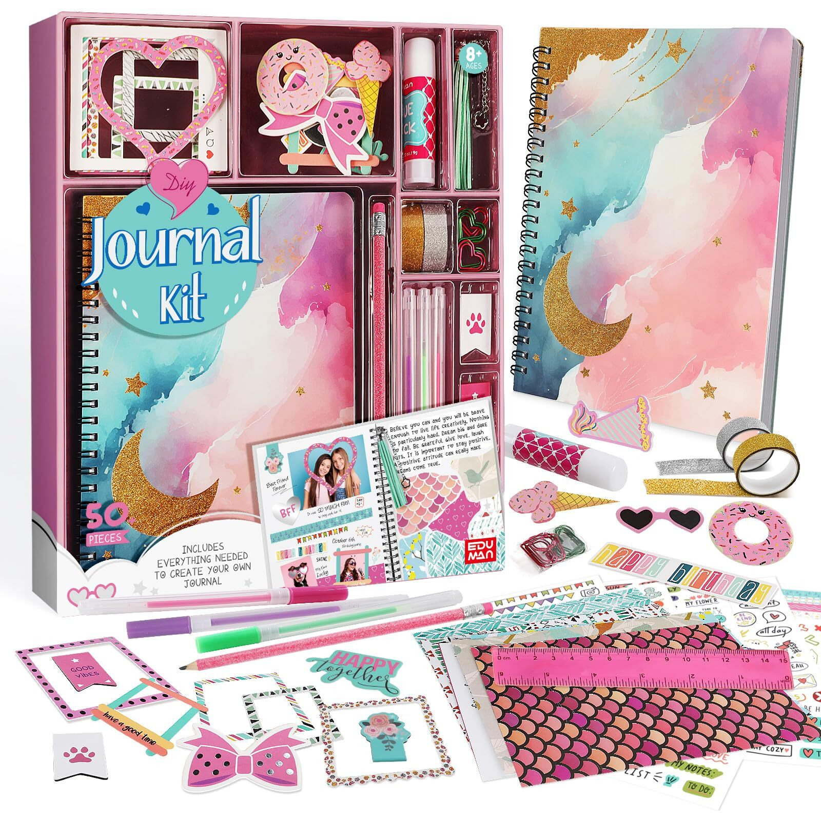 Eduman Diy Journal Kit For Girls Ages 8-12- Birthday Gifts For Girls, Diary Gifts Toys, Cute Arts & Crafts Kits, Kids Scrapbook Kits & Diary Supplies Stationary Set, Scrapbooking Kits (Pink)