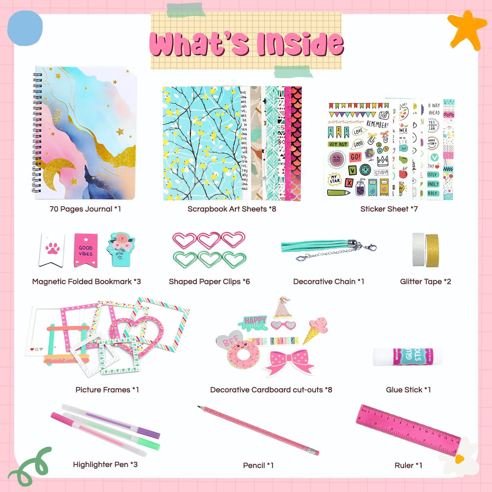 Eduman Diy Journal Kit For Girls Ages 8-12- Birthday Gifts For Girls, Diary Gifts Toys, Cute Arts & Crafts Kits, Kids Scrapbook Kits & Diary Supplies Stationary Set, Scrapbooking Kits (Pink)