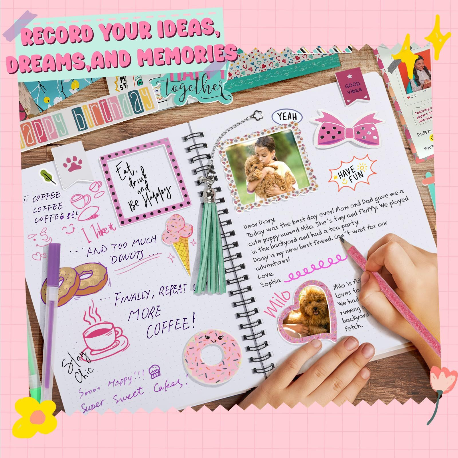 Eduman Diy Journal Kit For Girls Ages 8-12- Birthday Gifts For Girls, Diary Gifts Toys, Cute Arts & Crafts Kits, Kids Scrapbook Kits & Diary Supplies Stationary Set, Scrapbooking Kits (Pink)