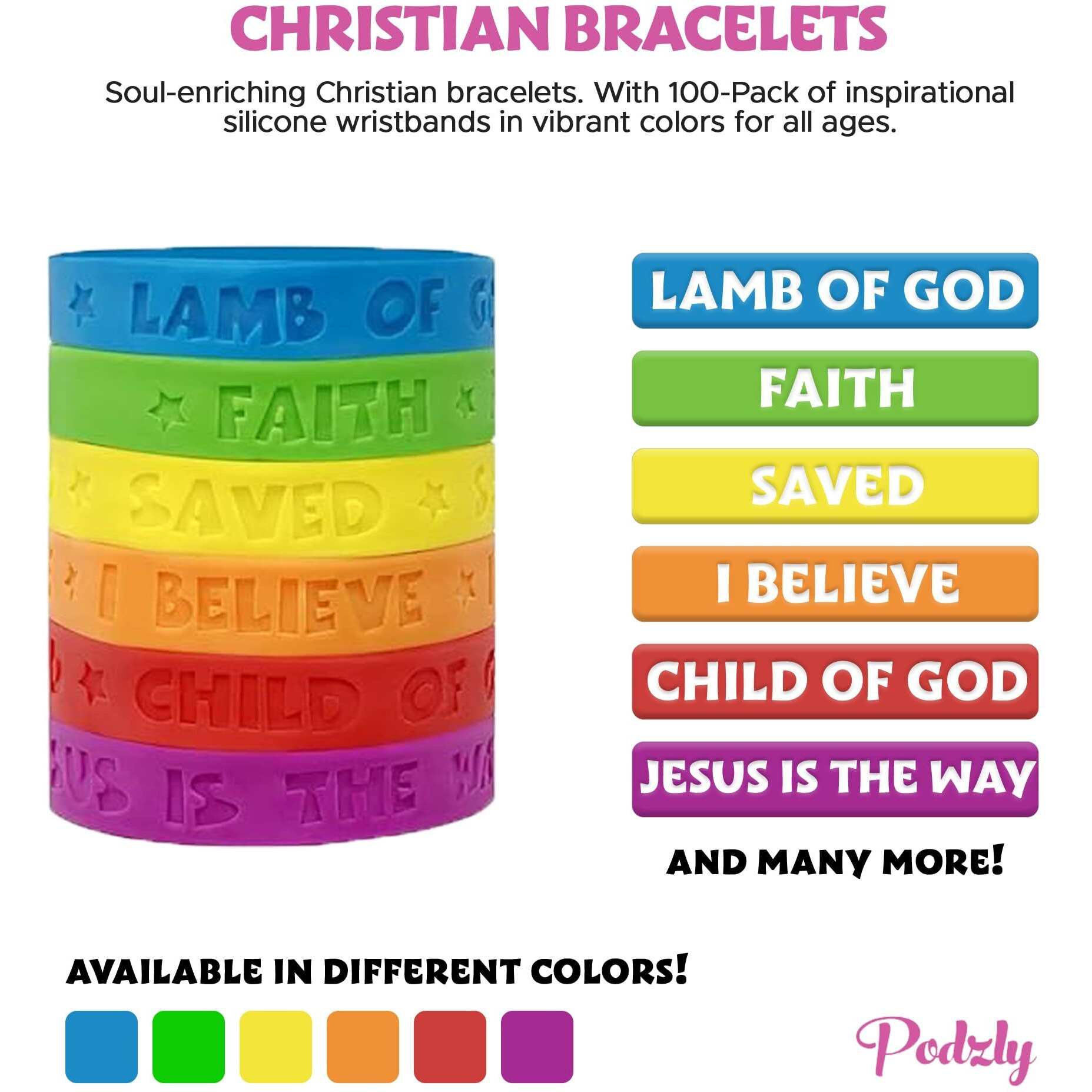 Podzly 100 Pack Of Christian Bracelets - Motivational Silicone Wristbands With Religious Sayings, Bible-Inspired Jewelry Gift For All Ages, Durable & Adjustable - Assorted Colors, One Size Fits Most