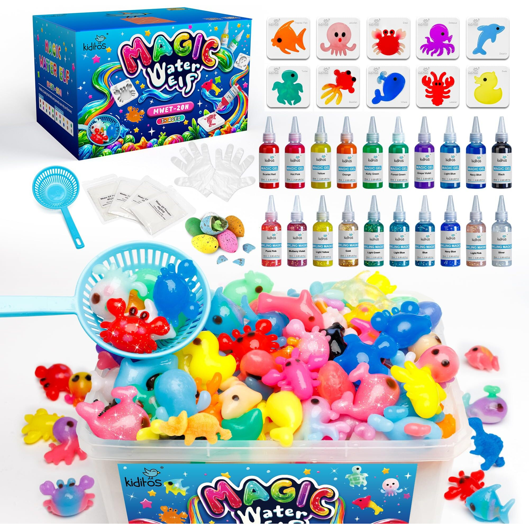 Kiditos Magic Water Elf Toy Kit, Aqua Fairy Water Gel Kit With 20 Magic Gels, 10 Sea Creature Molds. Christmas Gifts, Birthday Gifts, Party Favors, Arts & Crafts Diy Stem Kits For Kids(20 Colors)