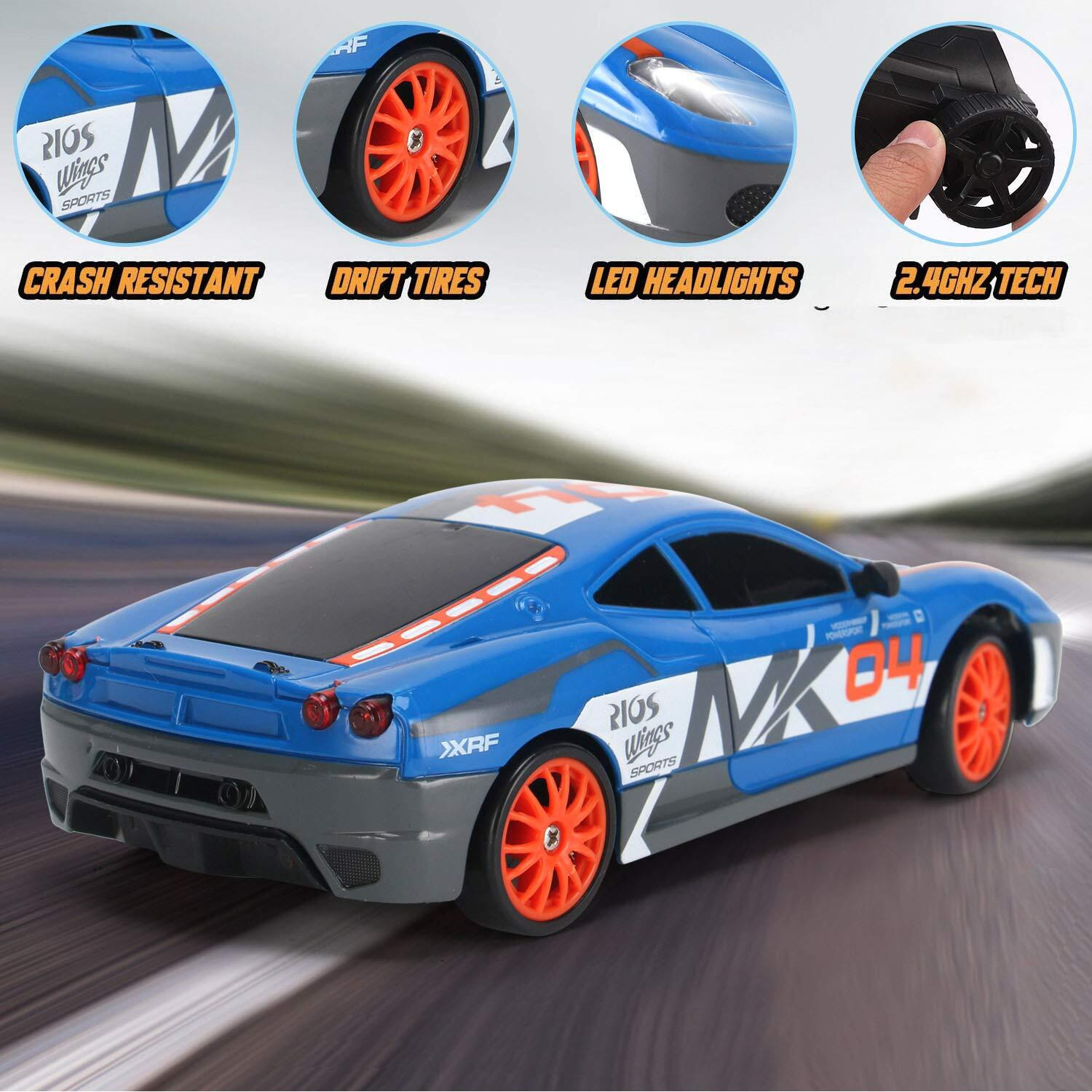 Liberty Imports Rc Drift Car 1/24 2.4Ghz 4Wd Remote Control Sport Racing On-Road Vehicle With Led Light, Batteries And Drift Tires (Blue)