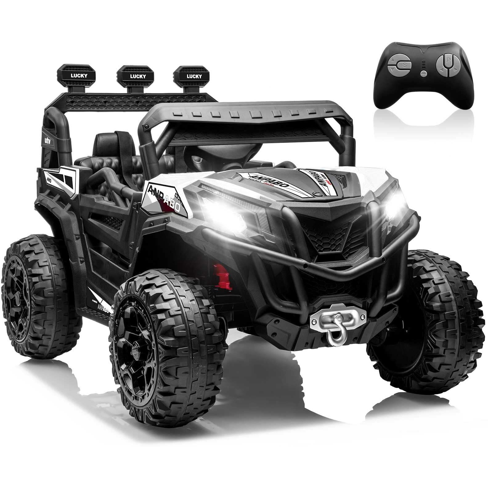 Anpabo 24V 4X4 Ride On Car Truck W/Remote Control, 4Wd/2Wd Switchable Kids Utv, 19"" Spacious Seat, 4 Shock Absorbers, Soft Start, Music Player, Electric Car For Kids Ages 3+(White)