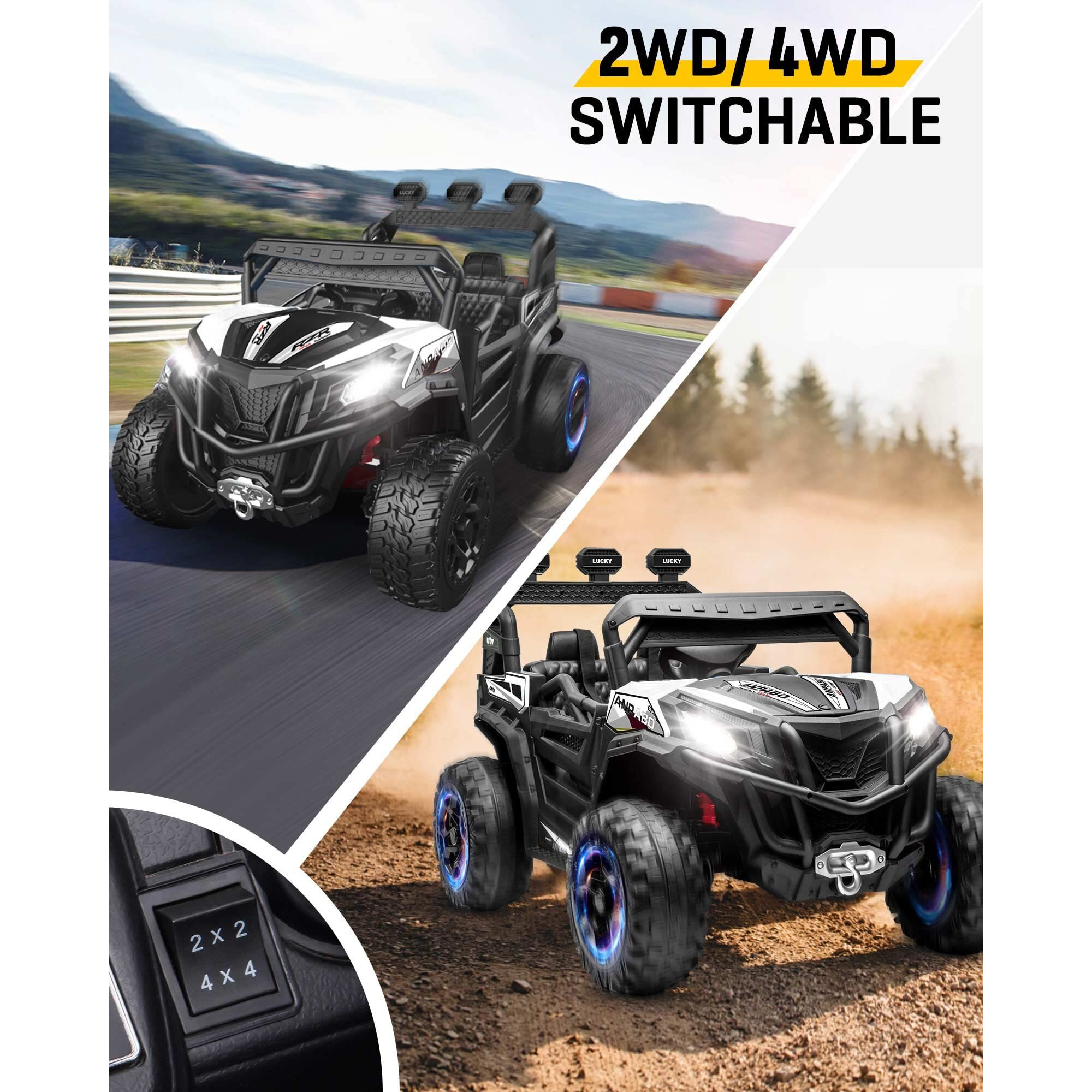 Anpabo 24V 4X4 Ride On Car Truck W/Remote Control, 4Wd/2Wd Switchable Kids Utv, 19"" Spacious Seat, 4 Shock Absorbers, Soft Start, Music Player, Electric Car For Kids Ages 3+(White)