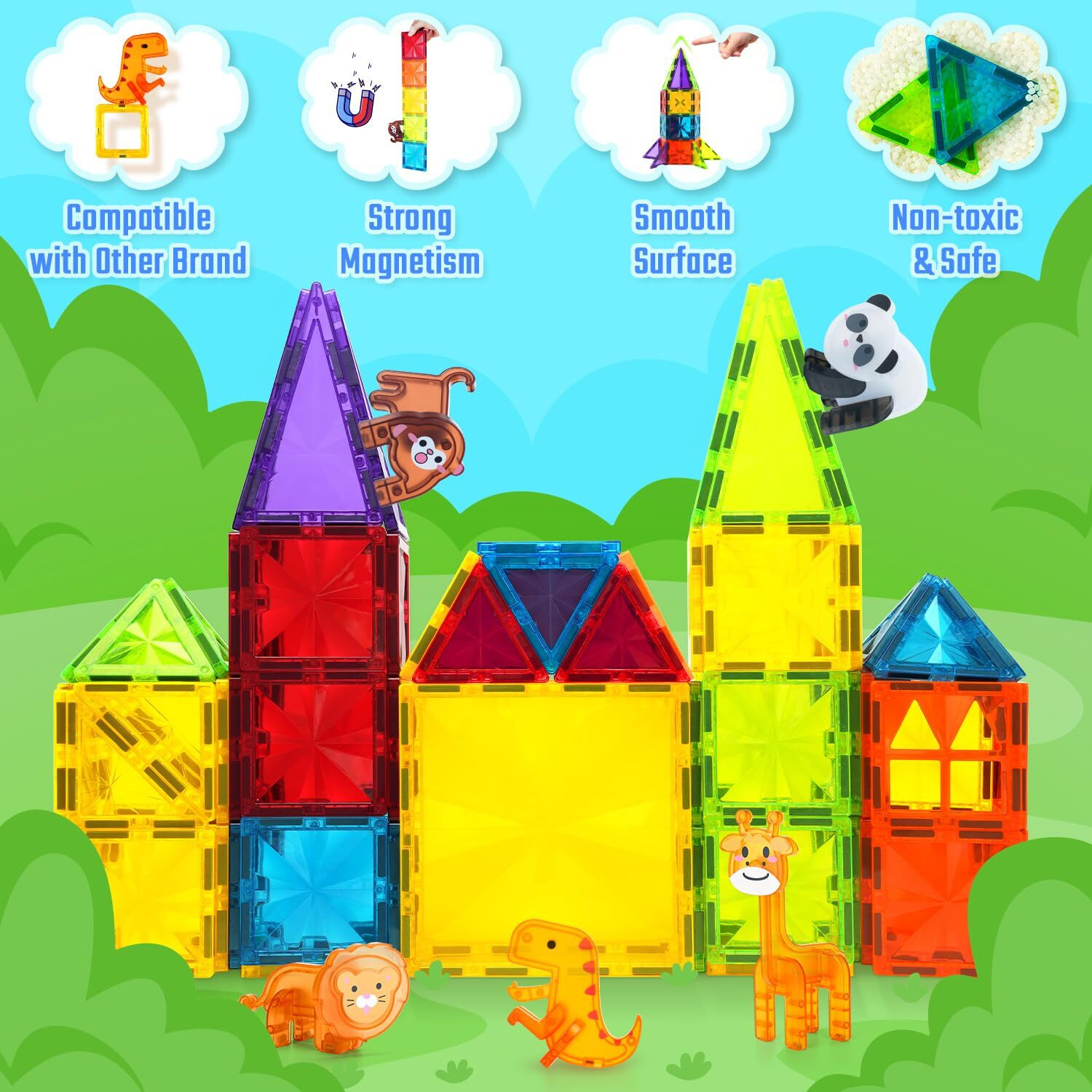 Magnetic Tiles 110Pcs 3D Animals Magnet Tiles With 2 Cars Kids Magnet Building Blocks Stem Educational Magnet Toy Set Construction Playboards Toys Gifts For Boys Girls Toddlers 3 4 5 6 7 8 9 Year Old