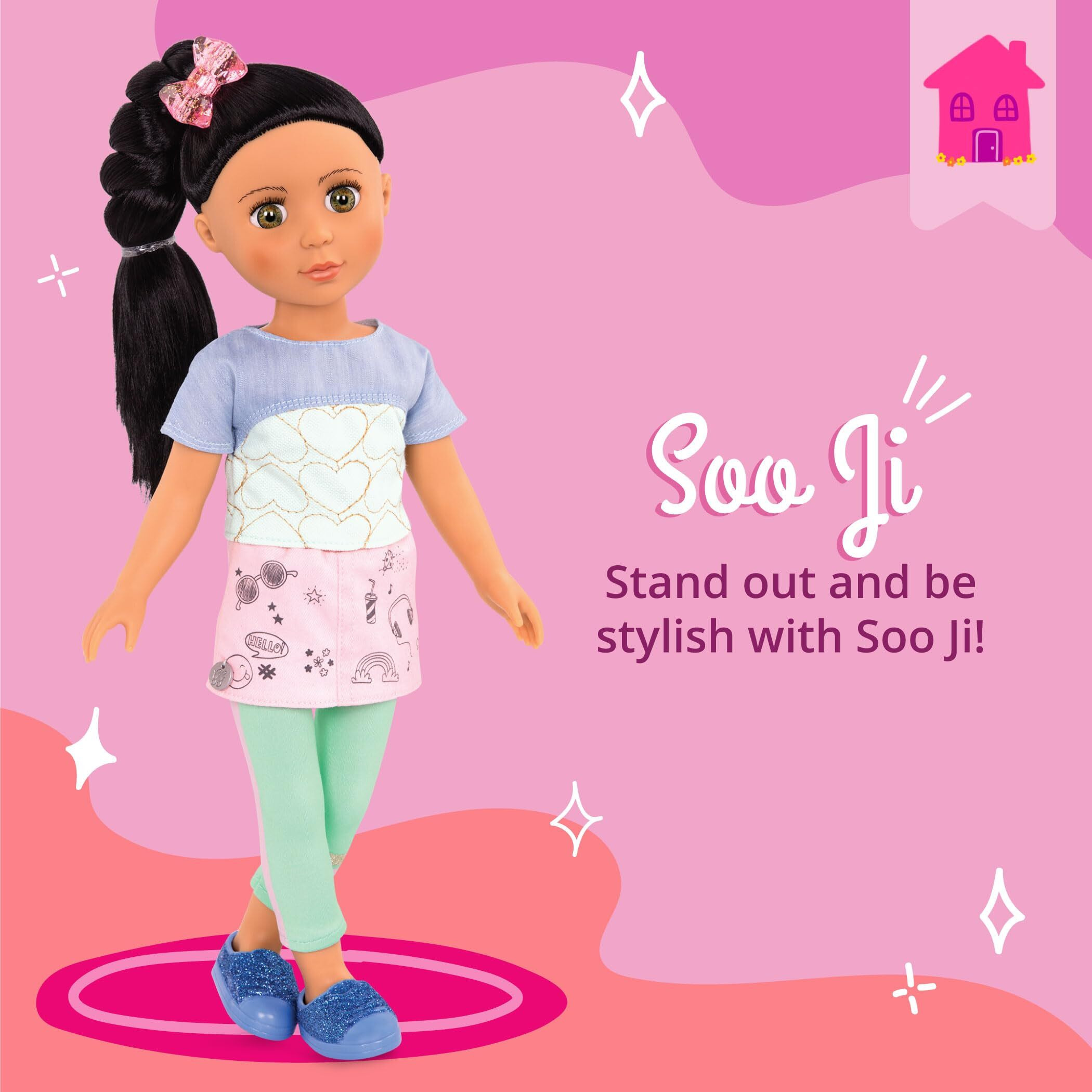 Glitter Girls - Soo Ji 14-Inch Poseable Fashion Doll - Black Hair & Hazel Eyes -Hearts Outfit With Blue Glitter Shoes - Toys, Clothes, And Accessories For Kids Ages 3+