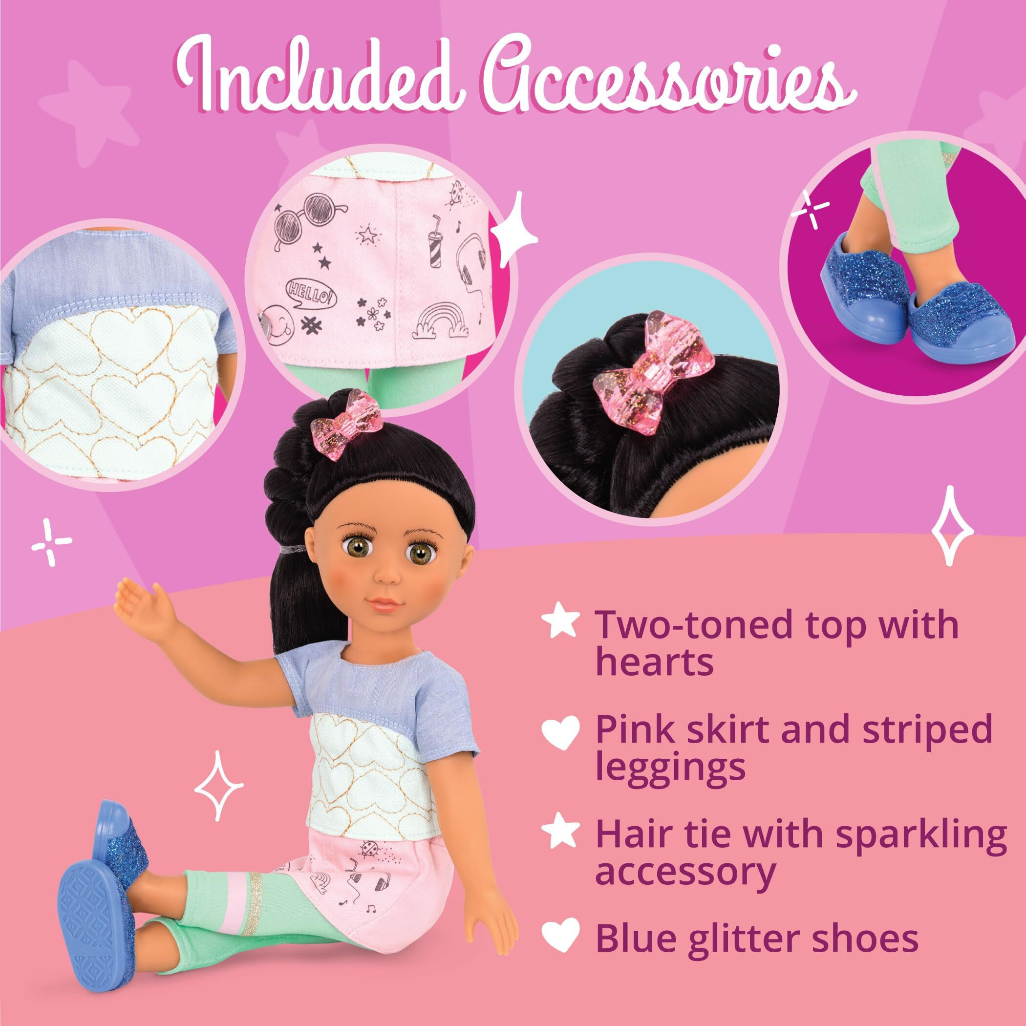 Glitter Girls - Soo Ji 14-Inch Poseable Fashion Doll - Black Hair & Hazel Eyes -Hearts Outfit With Blue Glitter Shoes - Toys, Clothes, And Accessories For Kids Ages 3+