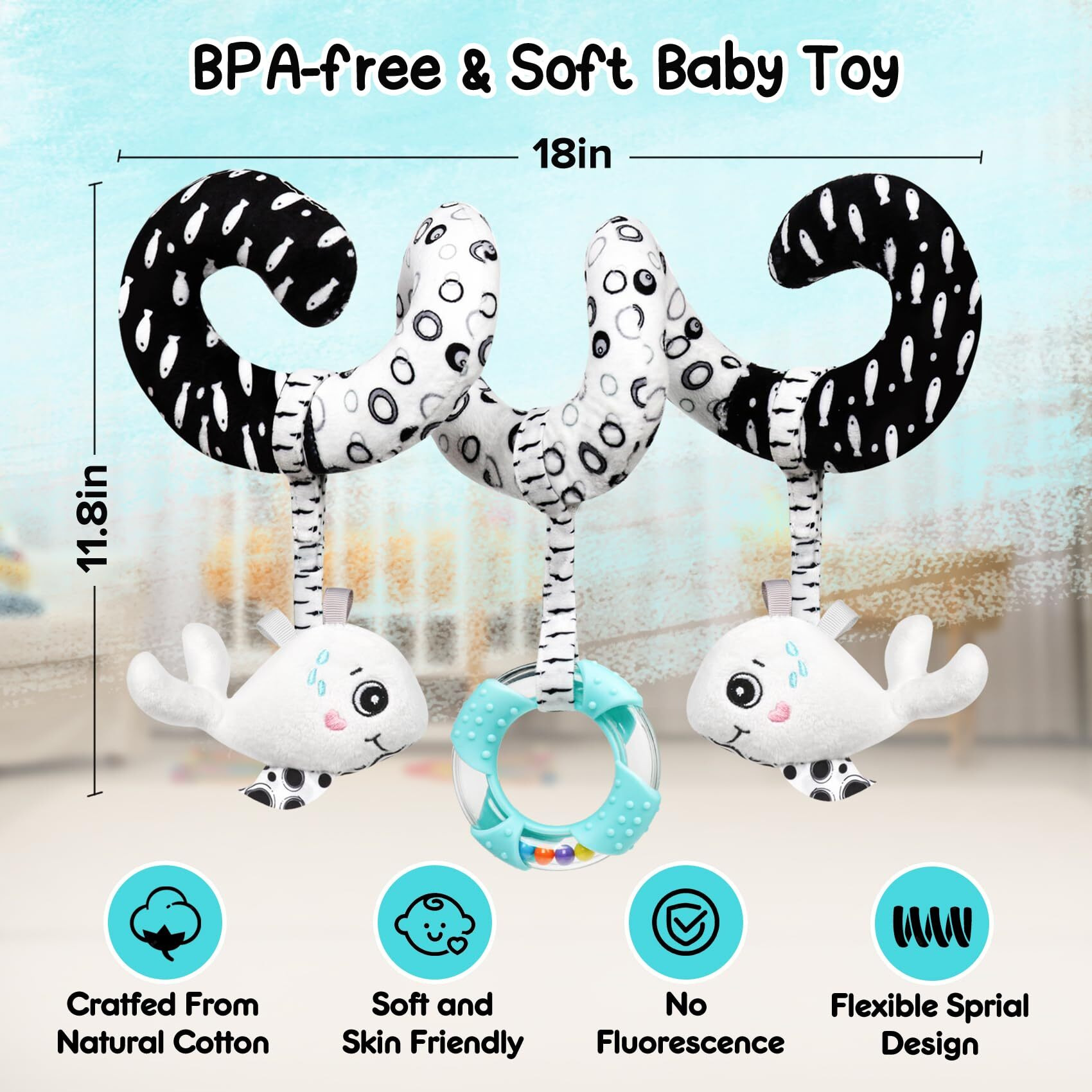 Gkdoms Baby Spiral Hanging Stroller And Car Seat Toys Black And White High Contrast Sensory Toy Newborn Plush Activity Toys Thank You Gifts For 0 3 6 9 12 Months Girls Boys-Whale