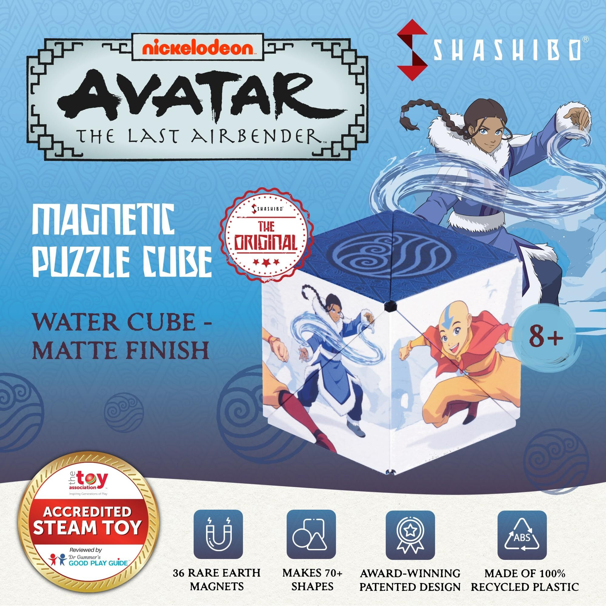 Shashibo Avatar The Last Airbender Shape Shifting Box - Award-Winning, Patented Magnetic Puzzle Cube W/ 36 Rare Earth Magnets - Fidget Transforms Into Over 70 Shapes (Avatar - Water)