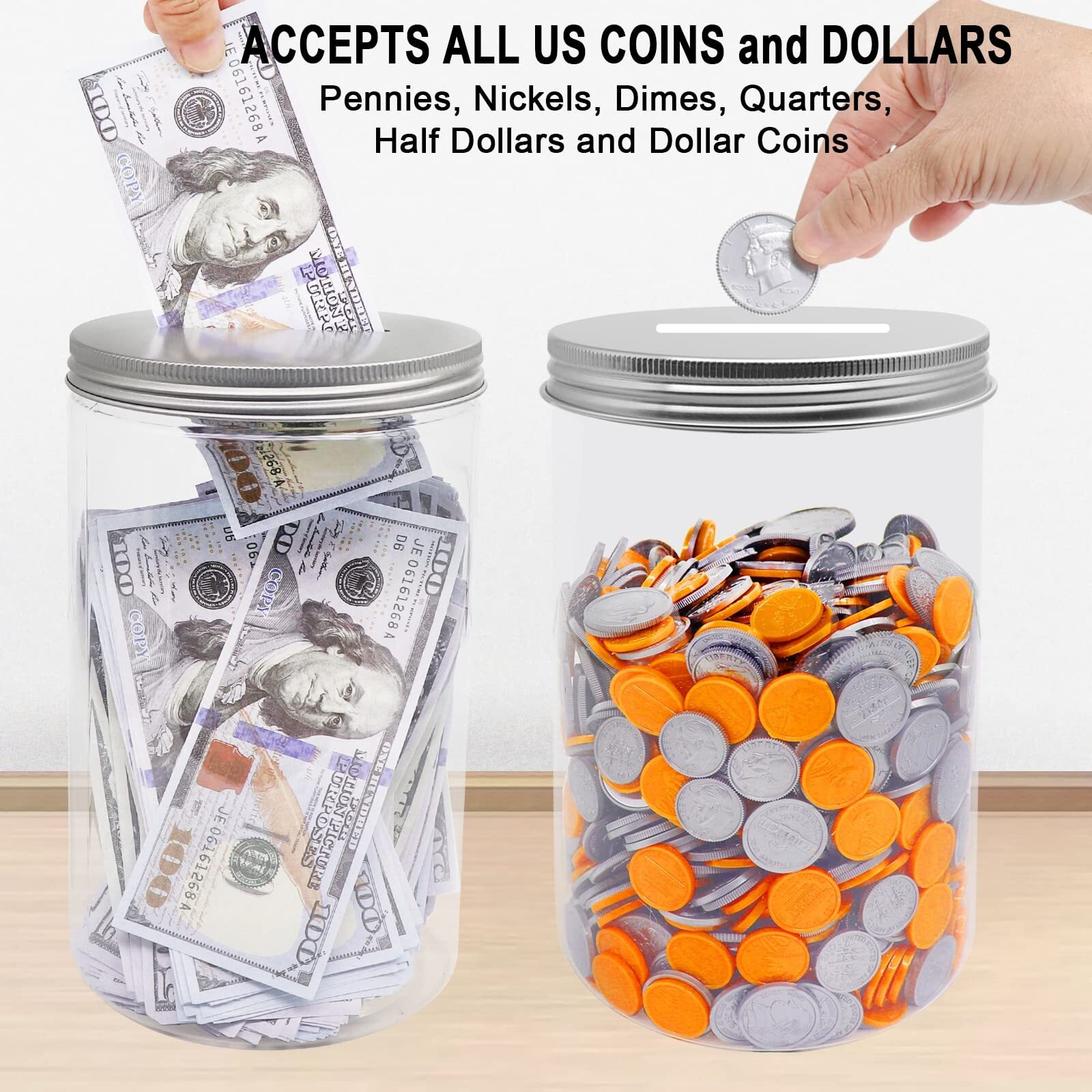 Mczxon Large Coin Bank Jar, Big Clear Plastic Coin Money Tip Change Saving Piggy Jar With Silver Slotted Lid, Large Plastic Coins Piggy Money Change Clear Bank For Adults Teens Kids Girls Boys, Xl