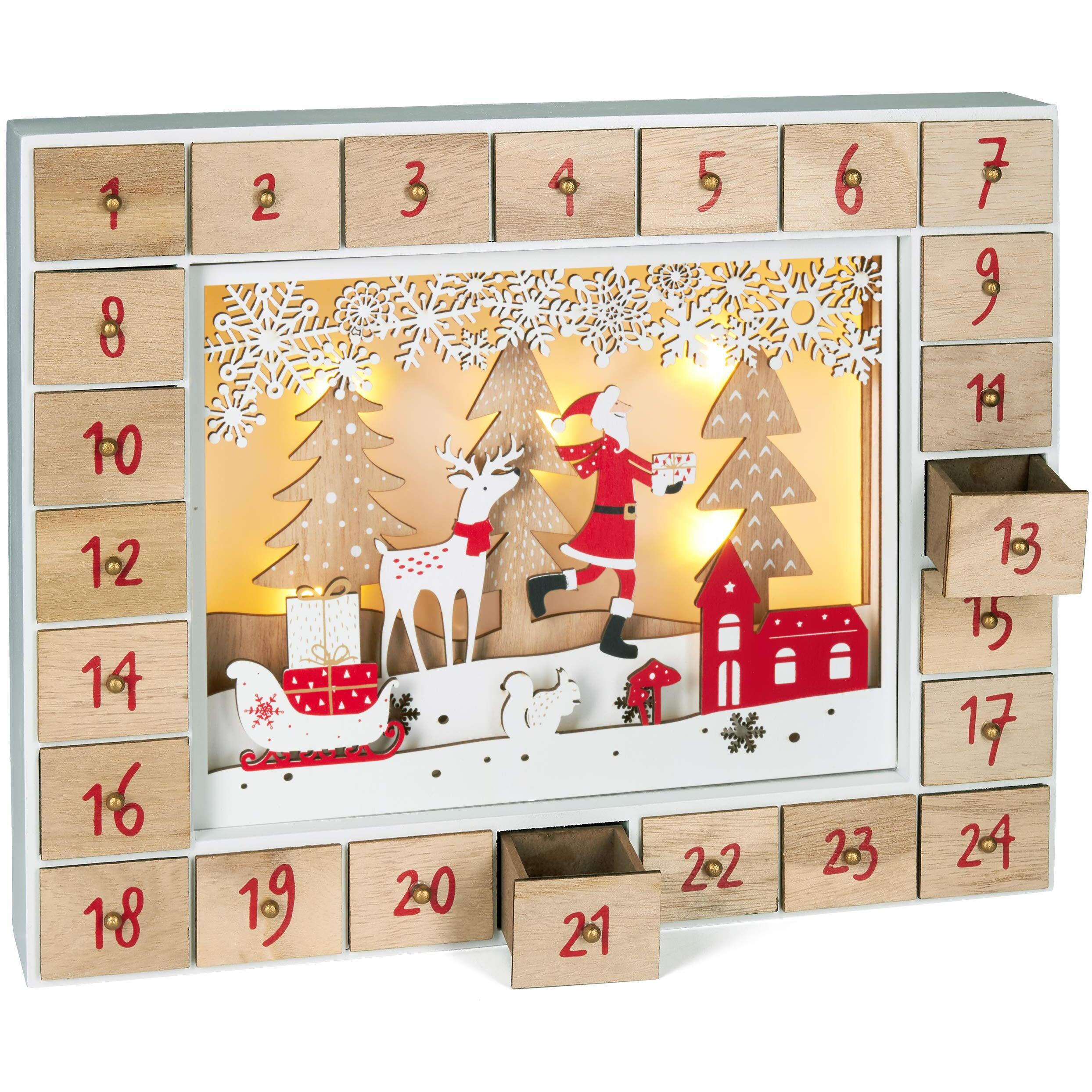 Brubaker Reusable Wooden Advent Calendar To Fill - Santa Claus In The Forest With Led Lighting - Diy Christmas Calendar 13.98 X 2.36 X 10.63 Inches