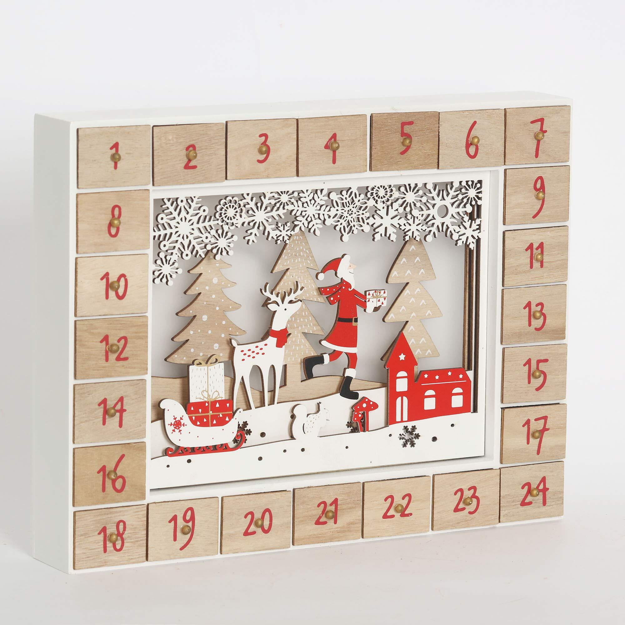 Brubaker Reusable Wooden Advent Calendar To Fill - Santa Claus In The Forest With Led Lighting - Diy Christmas Calendar 13.98 X 2.36 X 10.63 Inches