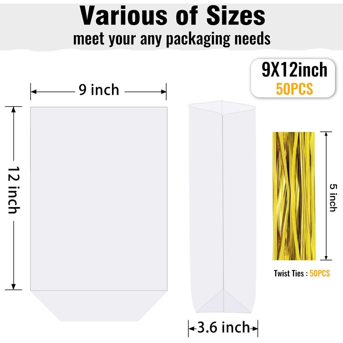 Zimcems 50Pcs 9X12 Inch Bottom Gusset Bags Clear Cellophane Gift Wrap Bags Basket Wrapping Plastic Large Cello Bags For Party Favors Treats Mug With 5"" Twist Ties