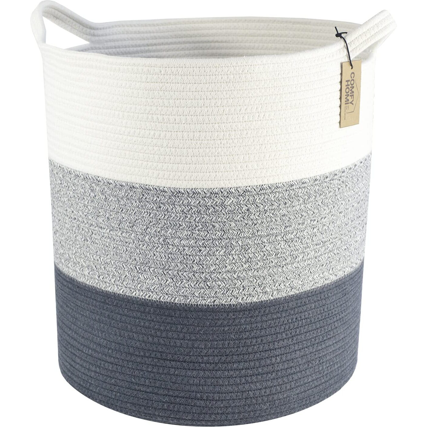 Comfy-Homi Xxl Large Laundry Basket With Handles Blanket Baskets Living Room|Woven Cotton Rope Decorative Basket Laundry Hamper Baby Gift Nursery Dog Toy Storage Organizer Bin-16   X18   -3Tone Grey