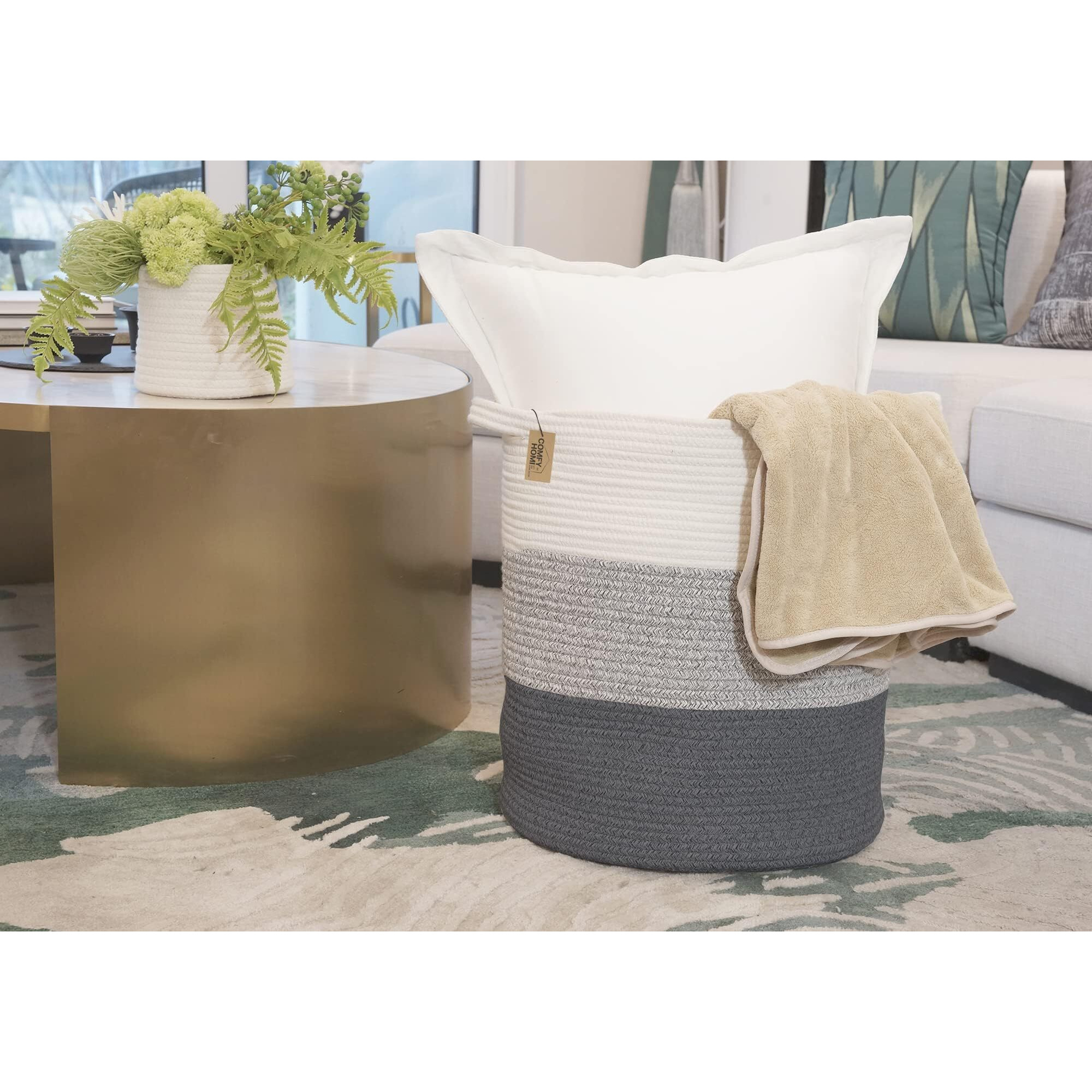Comfy-Homi Xxl Large Laundry Basket With Handles Blanket Baskets Living Room|Woven Cotton Rope Decorative Basket Laundry Hamper Baby Gift Nursery Dog Toy Storage Organizer Bin-16   X18   -3Tone Grey