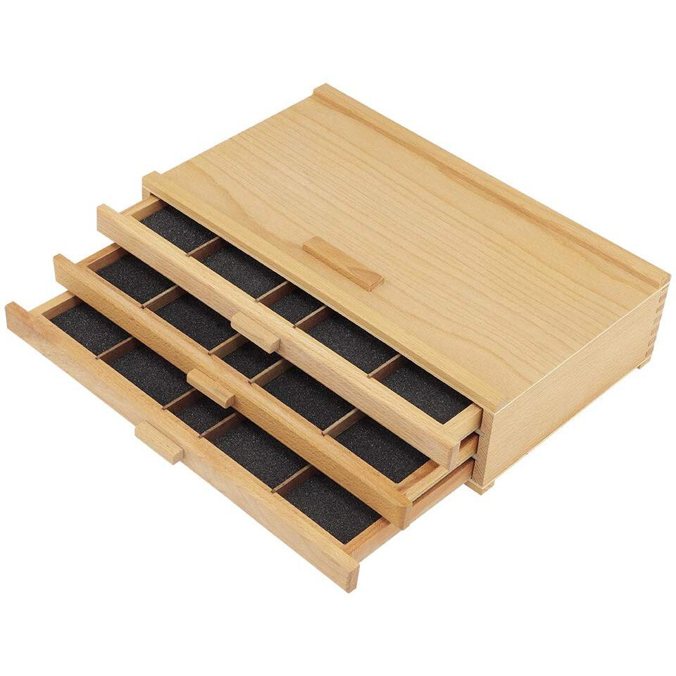 Creative Mark Pastel Storage Box, 3 Drawer Wood Box With Foam Lining, Sturdy And Stackable Art And Craft Supplies Storage Box For Artist Tools, Pens, Pencils And More, Natural Finish