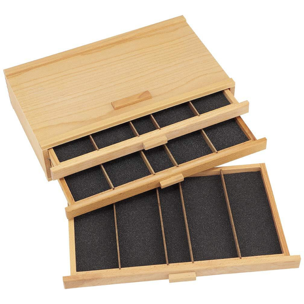Creative Mark Pastel Storage Box, 3 Drawer Wood Box With Foam Lining, Sturdy And Stackable Art And Craft Supplies Storage Box For Artist Tools, Pens, Pencils And More, Natural Finish