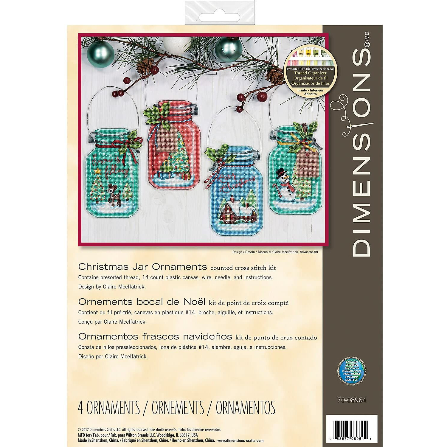 Dimensions 70-08964 Counted Cross Stitch Holiday Mason Jar Ornament Kit, 4Pc