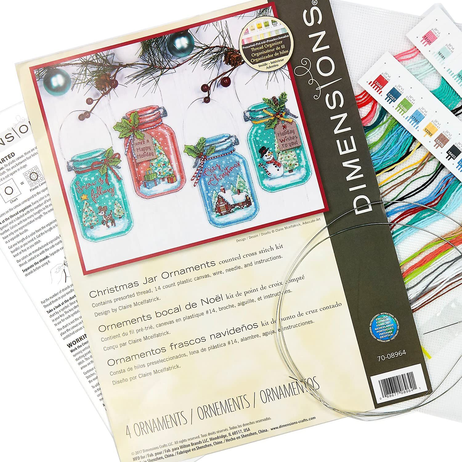 Dimensions 70-08964 Counted Cross Stitch Holiday Mason Jar Ornament Kit, 4Pc