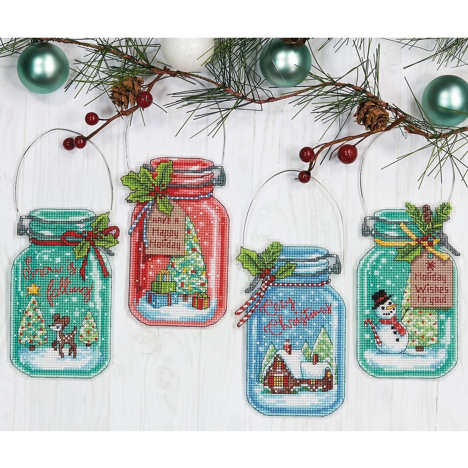 Dimensions 70-08964 Counted Cross Stitch Holiday Mason Jar Ornament Kit, 4Pc