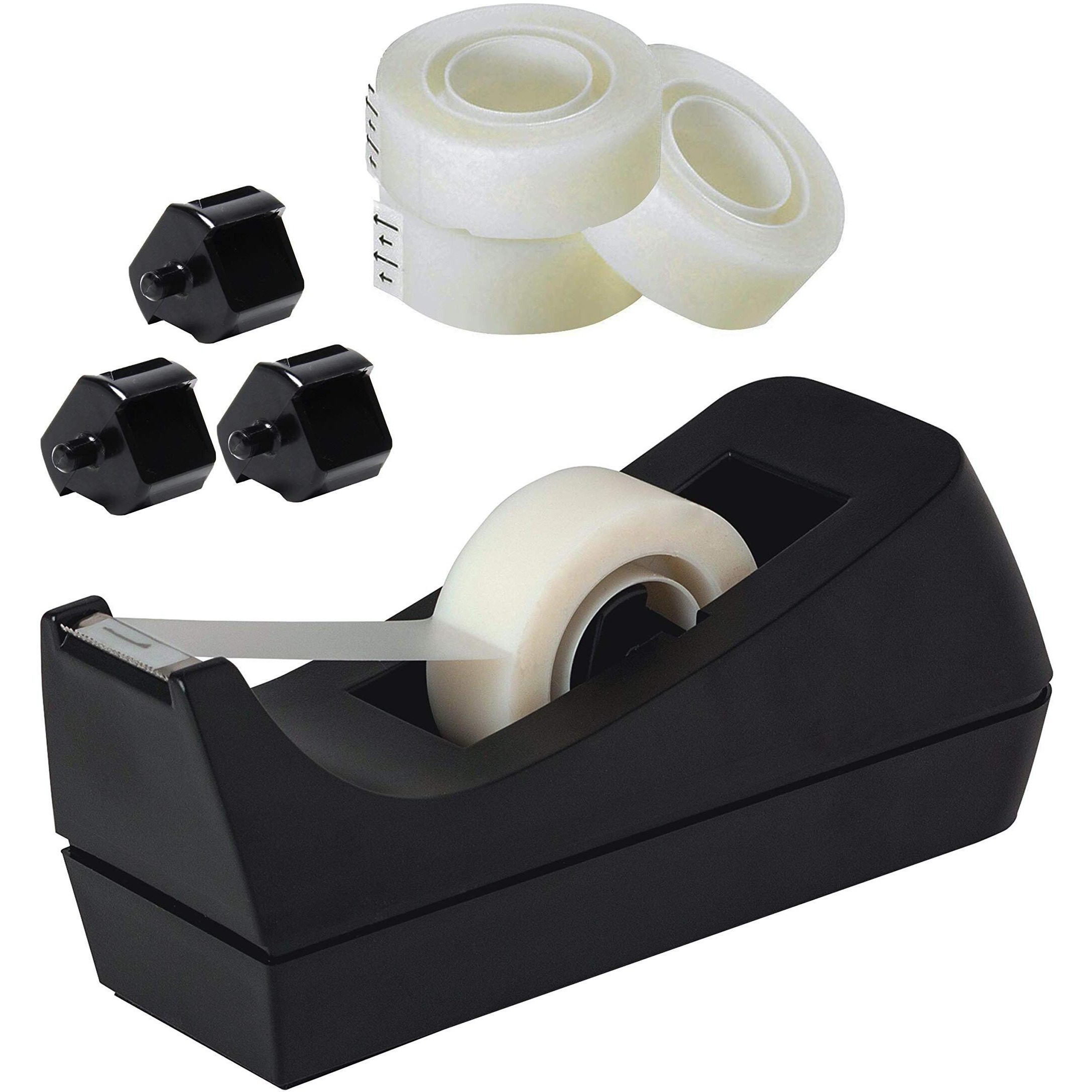 Desktop Tape Dispenser Black Non-Skid Base With 3 Premium Rolls Invisible Tape With 2 Extra Tape Dispenser Replacement Core