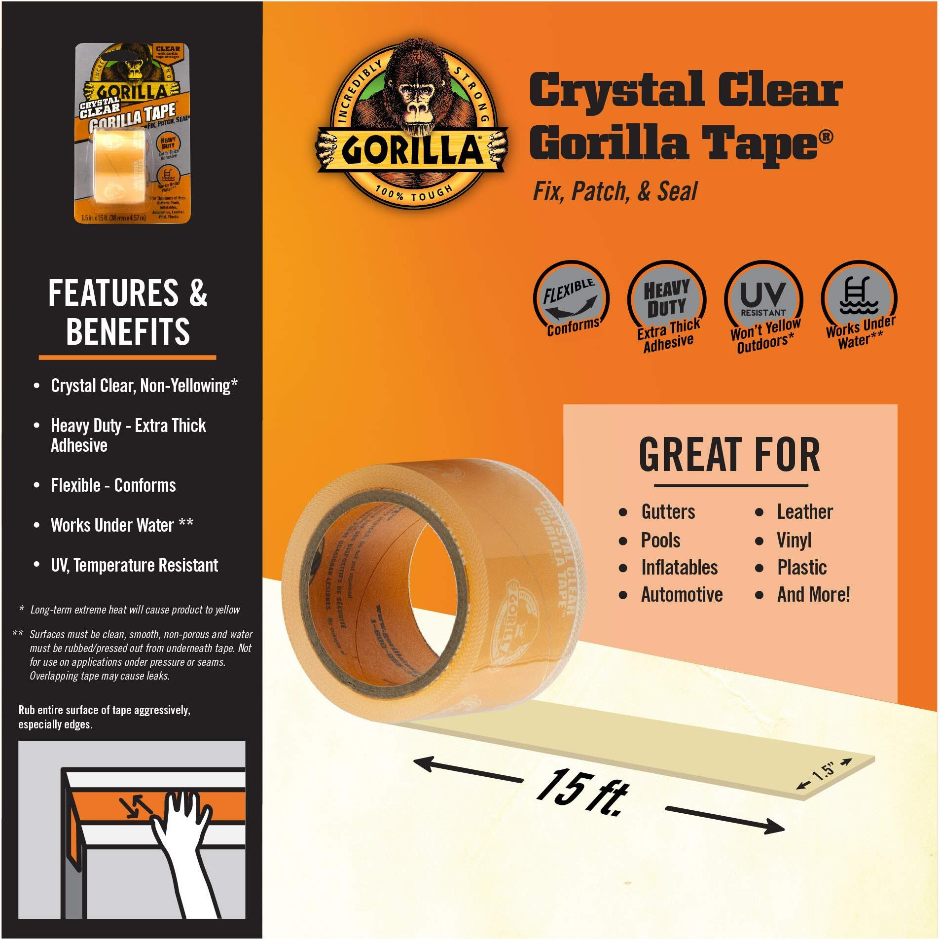 Gorilla Crystal Clear Repair Duct Tape, 1.88    X 5 Yd, Clear, (Pack Of 1)
