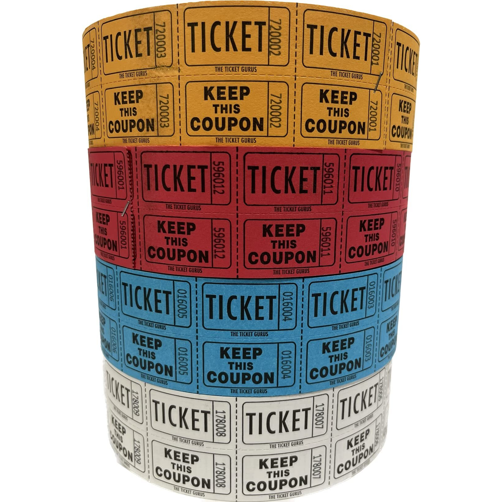 Ticket Guru-Raffle Tickets - (4 Rolls Of 2000 Double Tickets) 8,000 Total 50/50 Raffle Tickets (Choose Color Combo Below) (Red/Blue/White/Orange)