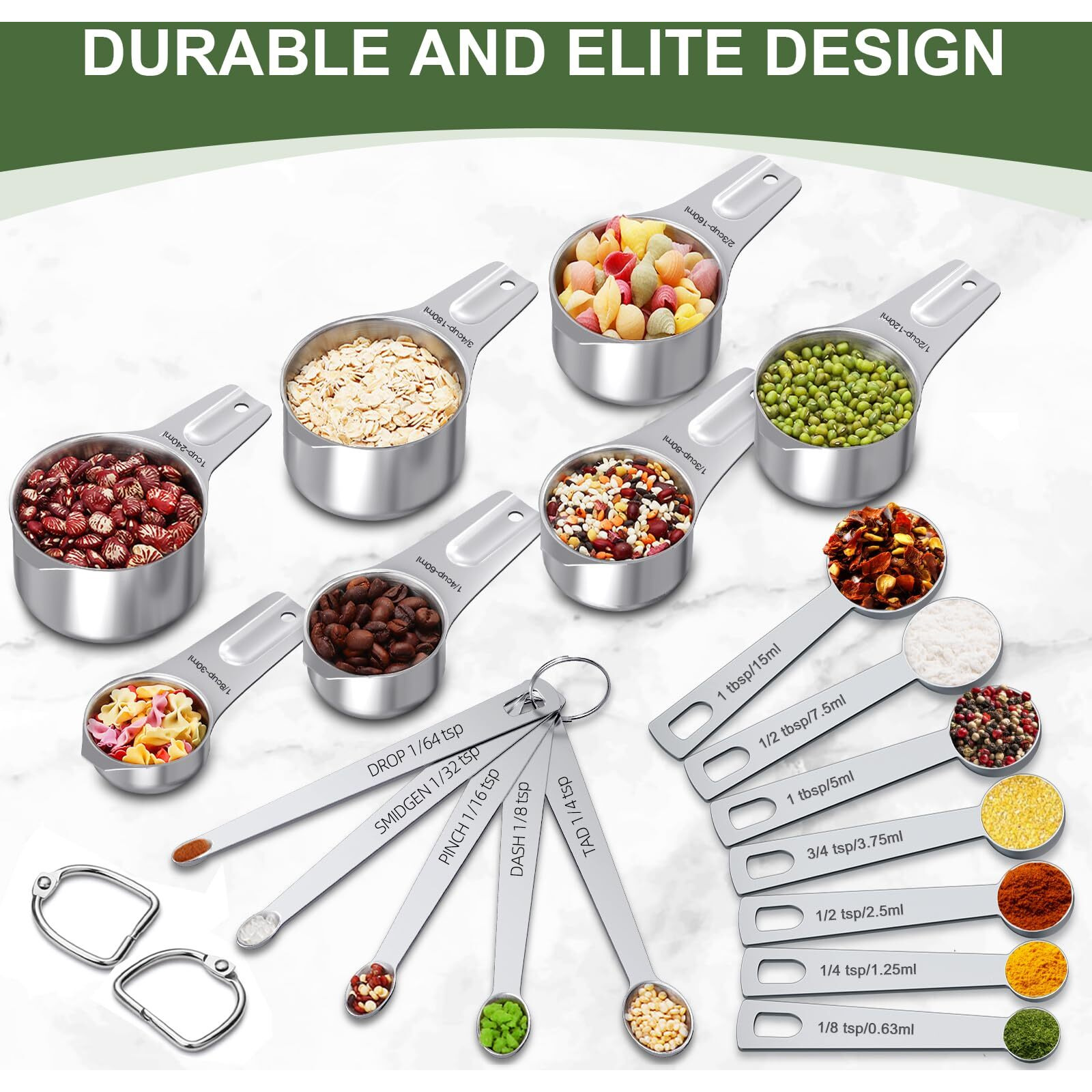 Measuring Cups And Spoons Set, 7 Stainless Steel Nesting Measuring Cups & 7 Spoons, 5 Mini Measuring Spoons & 2 Detachable Rings, Kitchen Gadgets For Cooking & Baking, Set Of 21