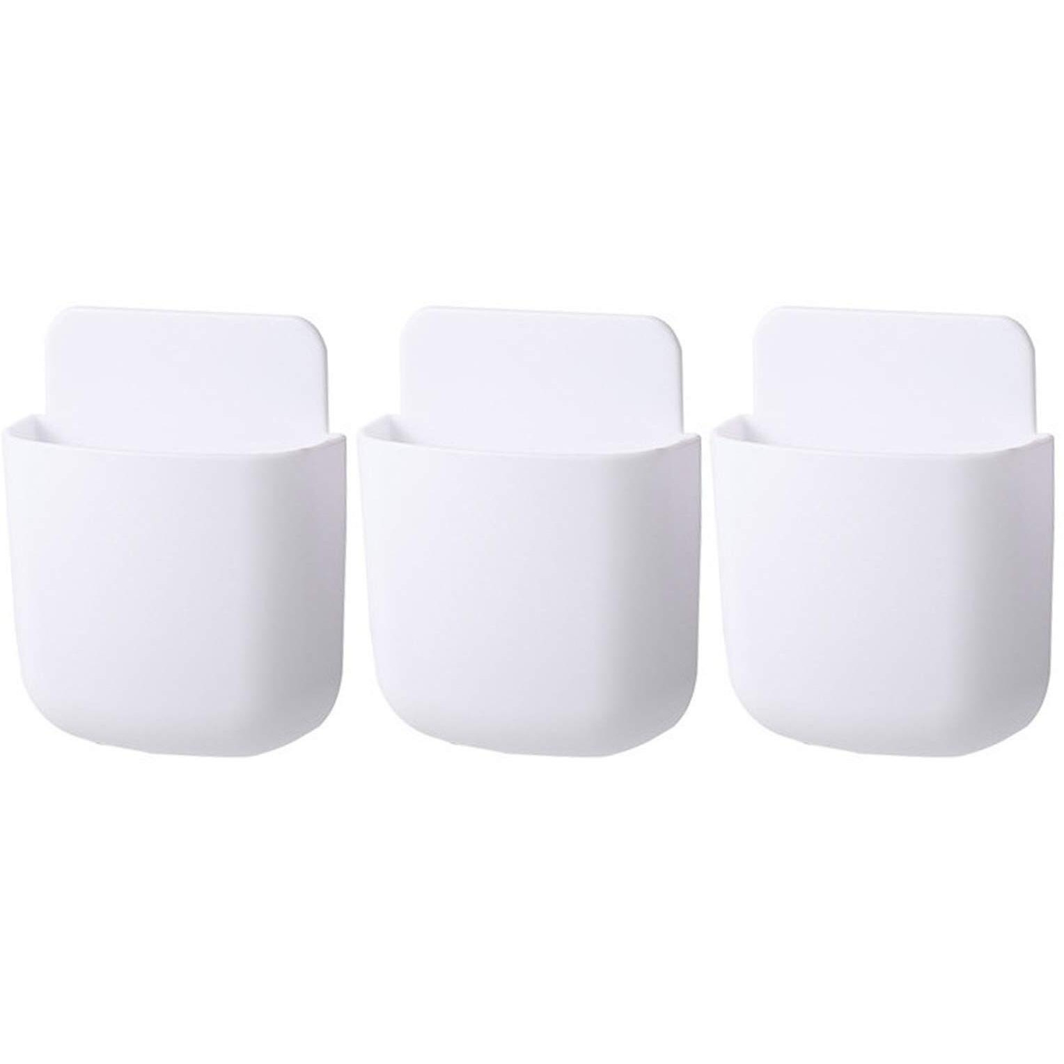 Noonebutyou 3 Pcs Remote Control Holder Wall Mount Self Adhesive Remote Case Hole-Free Storage Organizer Wall Pencil Holder Phone Charging For Home Office School(White)