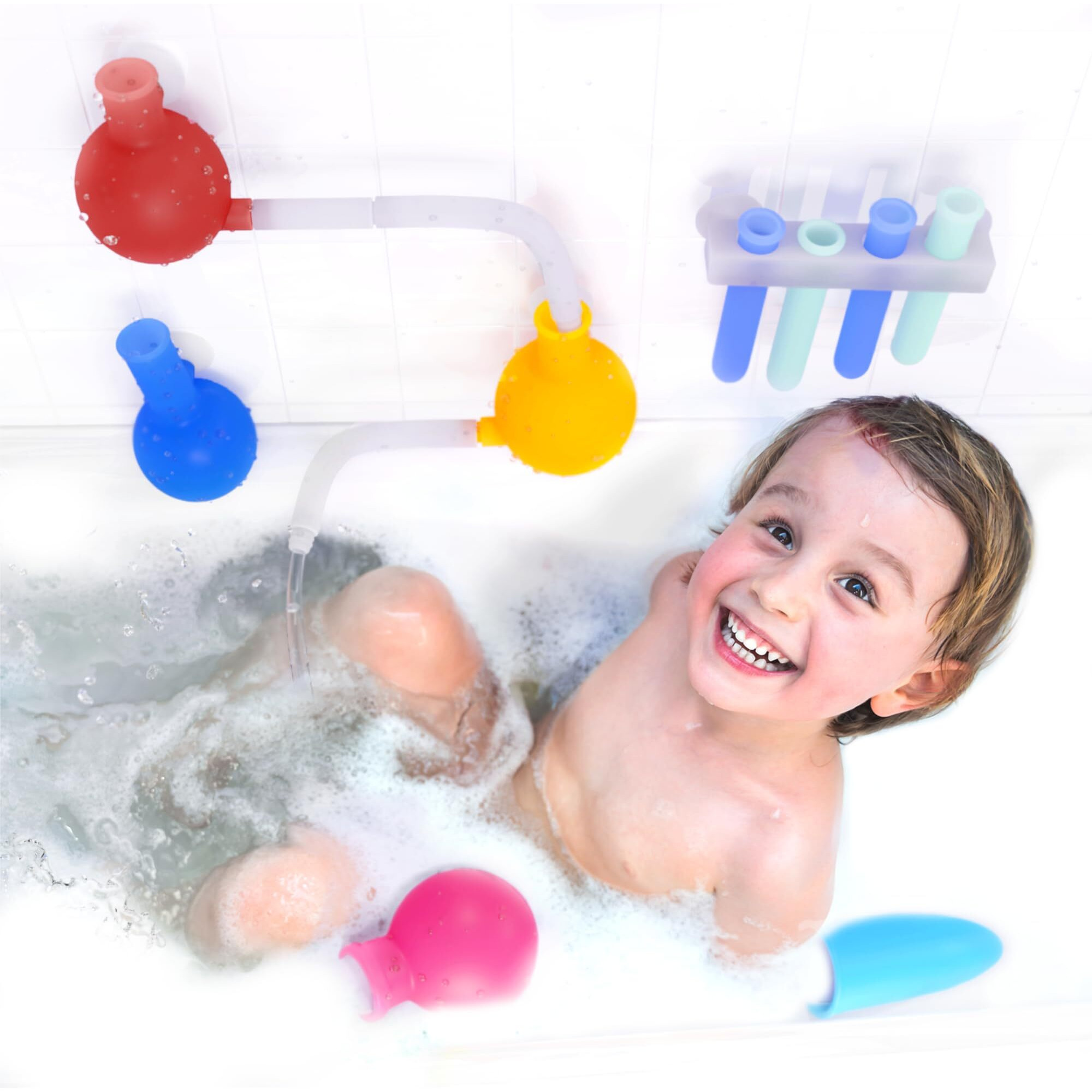 Aqualab Bath Toys For Kids Ages 4-8 - Science Themed Wall Suction Silicone Bath Toy - Includes Beaker, Flasks, And Test Tubes