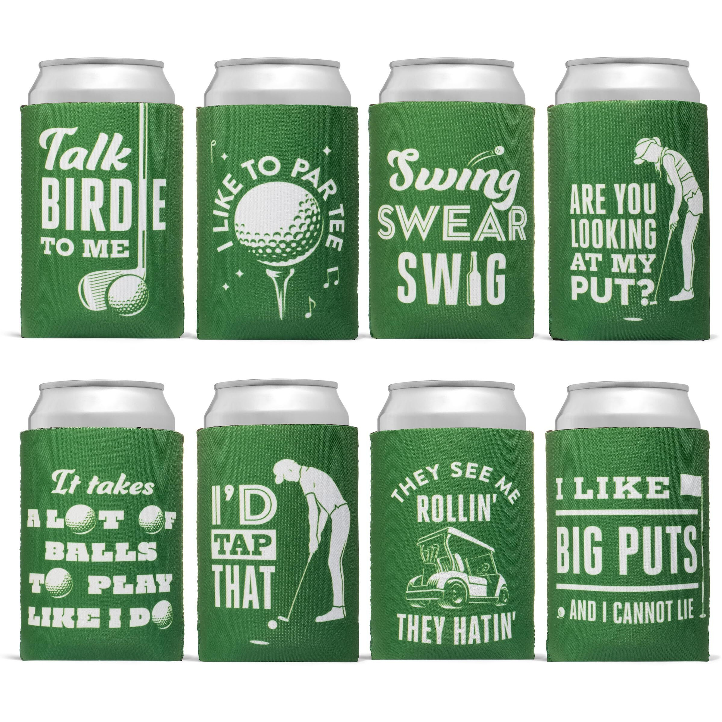 Funny Golf Drink Coolies -8 Pack - Golf Can Cooler Sleeves - Keeps Drinks Cool