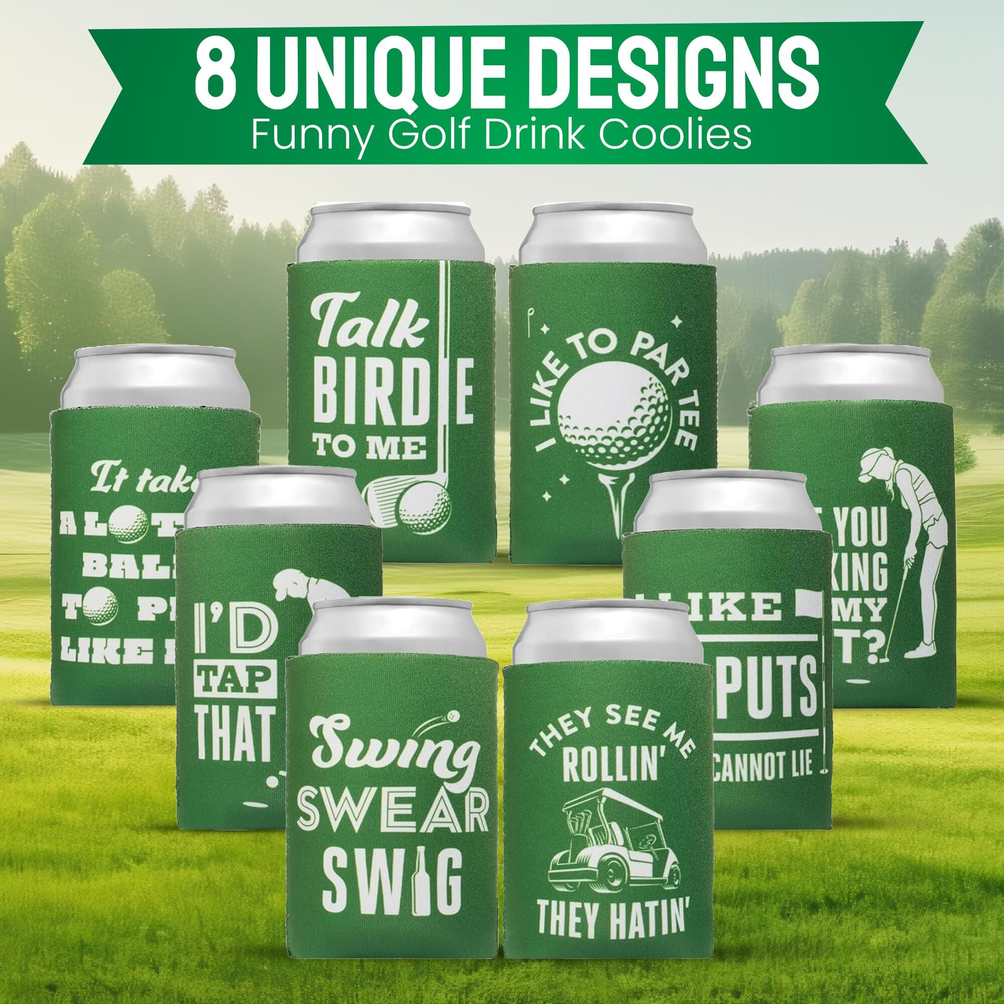 Funny Golf Drink Coolies -8 Pack - Golf Can Cooler Sleeves - Keeps Drinks Cool